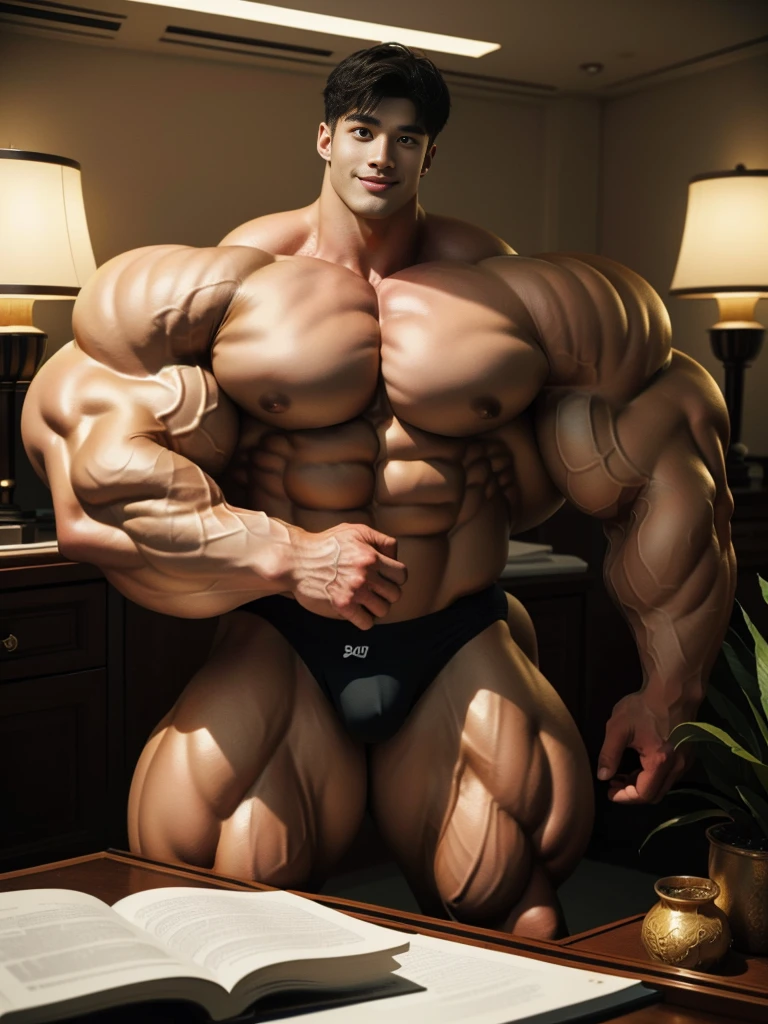 (best quality:1.5, hyperrealistic:1.5, photorealistic:1.4, madly detailed CG unity 8k wallpaper:1.5, masterpiece:1.3, enthusiastically detailed photo:1.2), (hyper-realistic lifelike texture:1.4), highly detailed, ((masterpiece, best quality)), ,extremely detailed 8K wallpaper, 1 corean male, (corean man with k-pop idol look), 20yo, handsome, detailed face, muscular, , stubble, underwear, prominent bulge, photo real, illuminating light, golden hour, big, brutalmass, giant, muscular body, sexy,lk, massive body, large size, smile, white bedroom