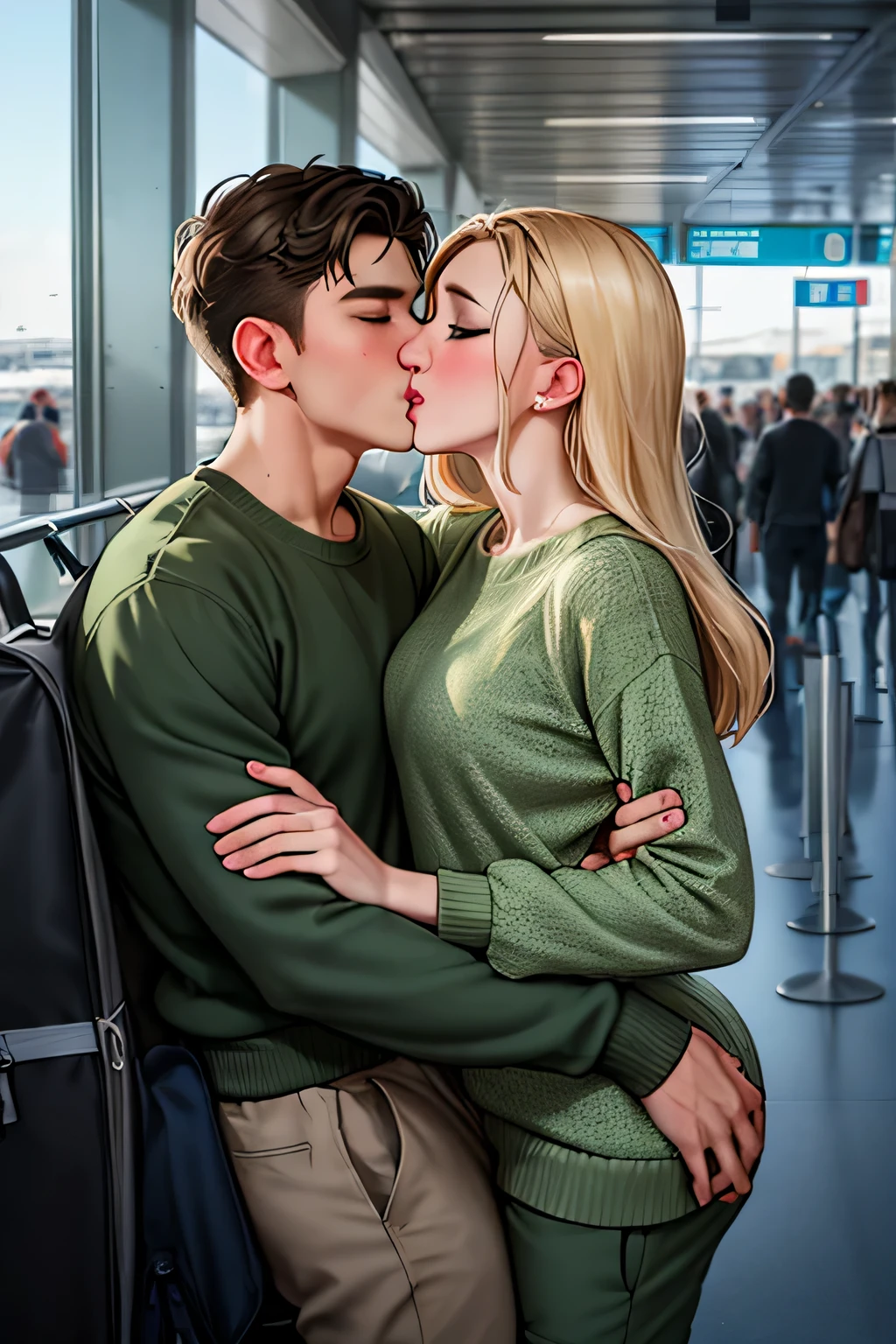 Man wearing olive green t shirt and olive green track pants kissing a sexy woman wearing a dark green sweater and cream cargo pants in an airport