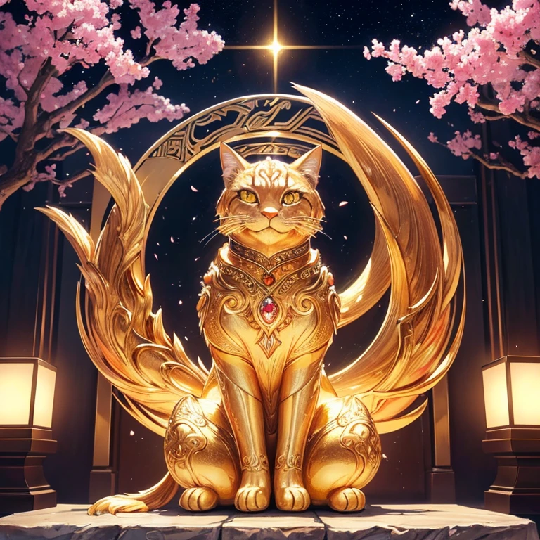 Close-up of a golden cat statue on a light background, its golden aura radiant and shining, clad in intricately detailed golden cat armor, anthropomorphic feline deity, adored as the god of cats, Trending on Adobe Stock, emitting a warm, inviting golden light, a sculpture of purest gold, shimmering with a happy, contented expression, cherished for its mysterious power and very auspicious presence. The cherry blossom tree in the background adds to its beauty, serving as a messenger of good fortune and grace (8K quality, image mode Ultra HD, captured using a Nikon camera, the whole body of the cat statue is