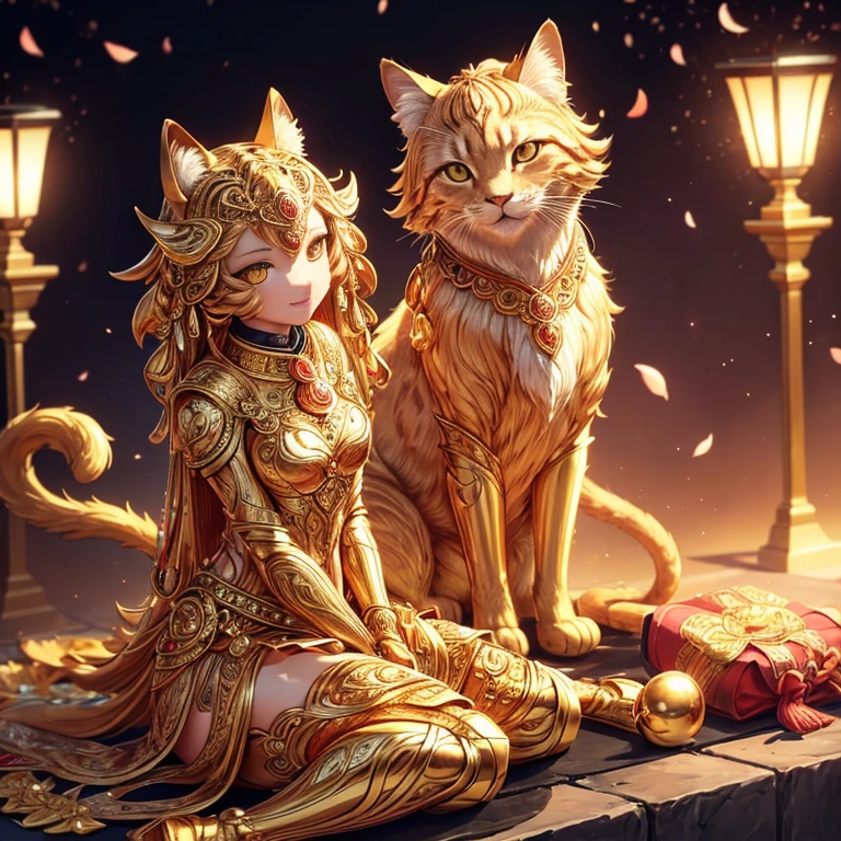 Close-up of a golden cat statue against a light background, its golden aura shimmers and radiates, adorned in ornate golden cat armor, an anthropomorphic feline deity, The Epitome of Adobe Stock, exuding a warm, golden light, resplendent in shining gold color, revered as the god of cats, Trending on Shutterstock, radiating an air of nothing short of majesty,
Ink flower blooms nearby, an anthropomorphic female cat smiles in delight, her happy cat companion by her side, together they exude an aura of beauty and tranquility, a beautiful gold saint where mystical power resides, Very auspic