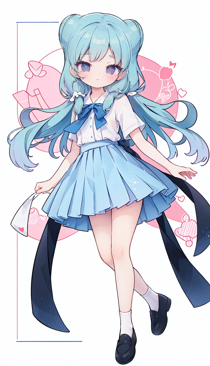 masterpiece, best quality, high resolution, aabeta, double, white simple background, standing, slim waist, cute, sailor uniform, pink bow tie, blue skirt, long socks, (PastelColors: 1.3), full body