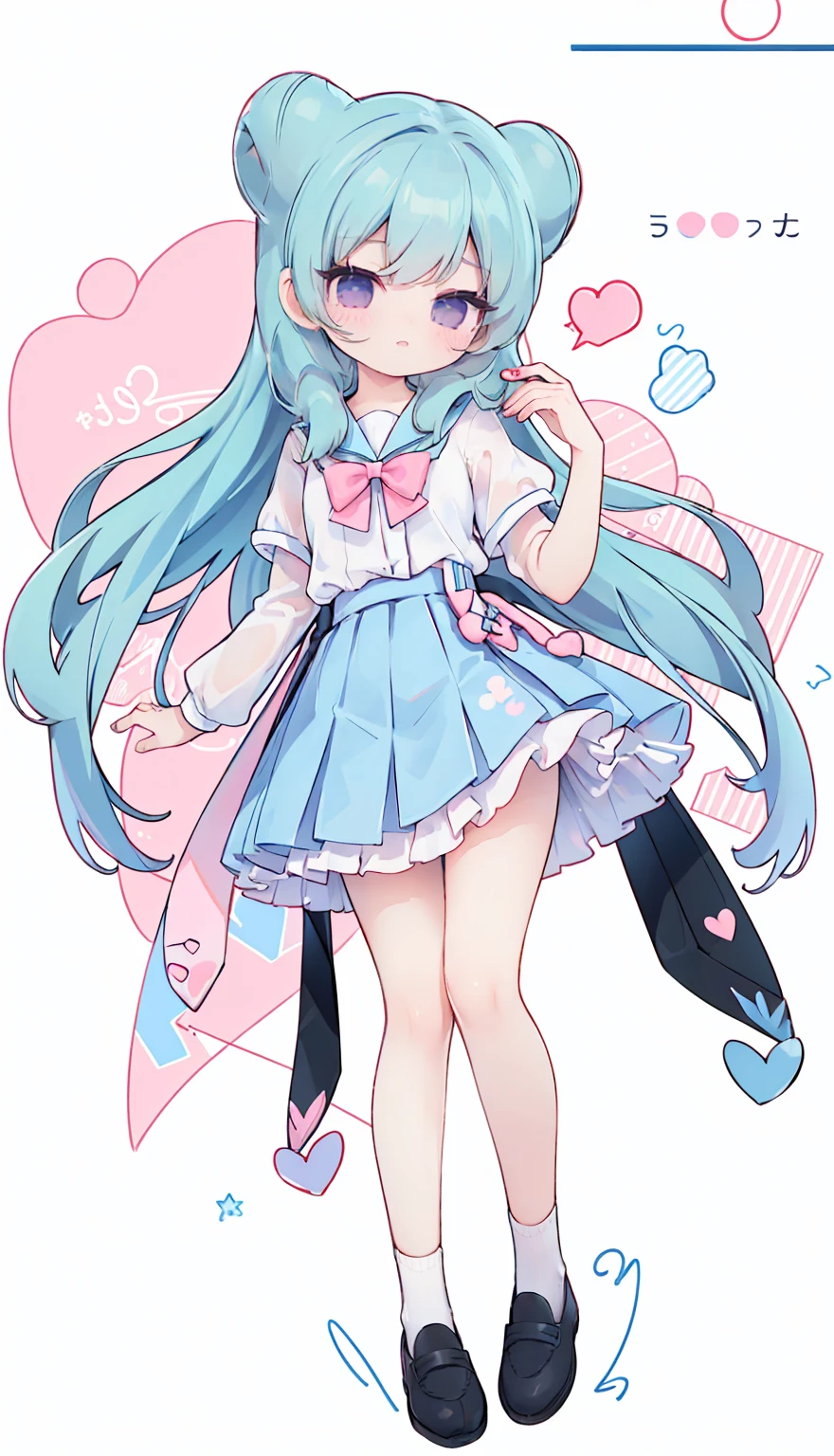 masterpiece, best quality, high resolution, aabeta, double, white simple background, standing, slim waist, cute, sailor uniform, pink bow tie, blue skirt, long socks, (PastelColors: 1.3), full body