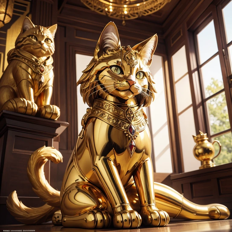 Close-up of a golden cat statue on a light background, its golden aura radiant and shining, clad in intricately detailed golden cat armor, anthropomorphic feline deity, adored as the god of cats, Trending on Adobe Stock, emitting a warm, inviting golden light, a sculpture of purest gold, shimmering with a happy, contented expression, cherished for its mysterious power and very auspicious presence. The cherry blossom tree in the background adds to its beauty, serving as a messenger of good fortune and grace (8K quality, image mode Ultra HD, captured using a Nikon camera, the whole body of the cat statue is