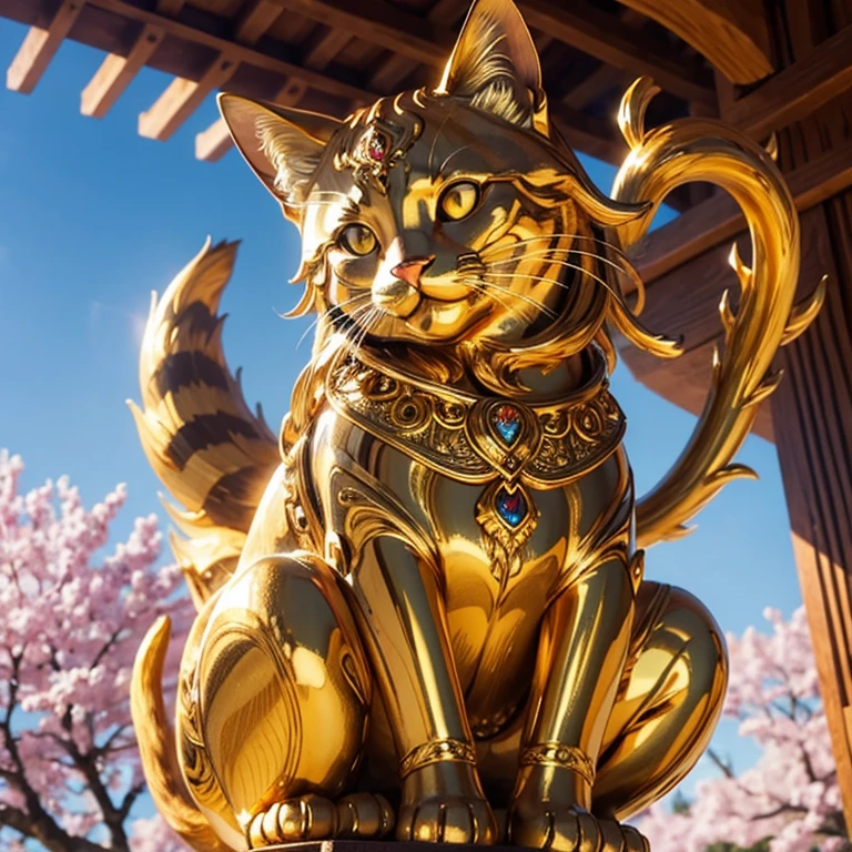 Close-up of a golden cat statue on a light background, its golden aura radiant and shining, clad in intricately detailed golden cat armor, anthropomorphic feline deity, adored as the god of cats, Trending on Adobe Stock, emitting a warm, inviting golden light, a sculpture of purest gold, shimmering with a happy, contented expression, cherished for its mysterious power and very auspicious presence. The cherry blossom tree in the background adds to its beauty, serving as a messenger of good fortune and grace (8K quality, image mode Ultra HD, captured using a Nikon camera, the whole body of the cat statue is