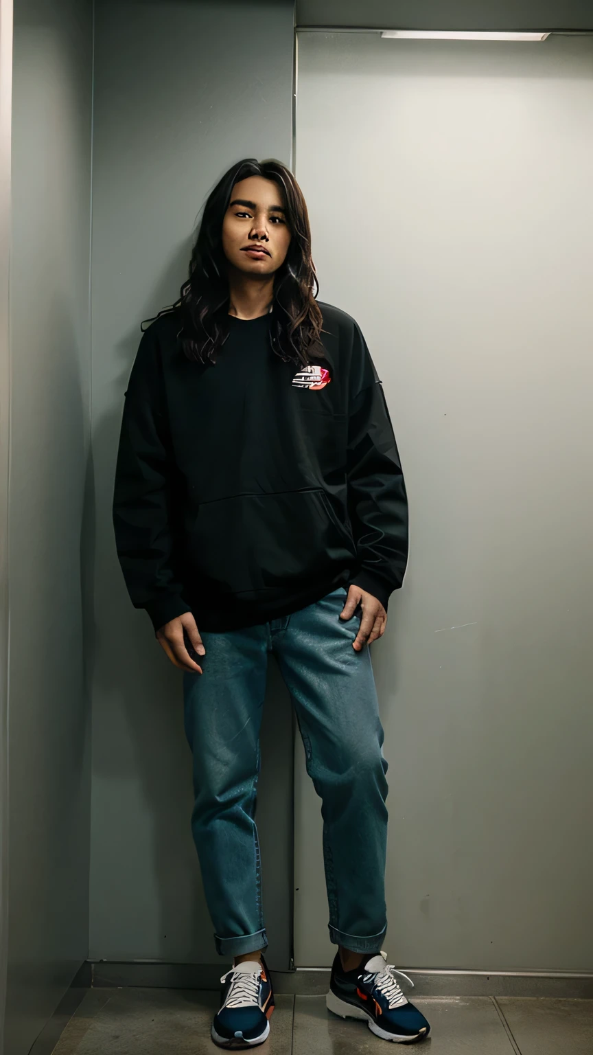 "Generate a detailed description of a full-body shot featuring a 162 cm Malaysian man with wavy, medium-length hair. He's wearing an oversized retro soccer jersey (from any team or country), baggy jeans, and New Balance shoes. The scene is set inside an elevator and captured using a 35mm film camera, with a 'film look' aesthetic and added grain for a vintage vibe."