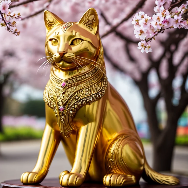 Close-up of a golden cat statue on a light background, its golden aura radiant and shining, clad in intricately detailed golden cat armor, anthropomorphic feline deity, adored as the god of cats, Trending on Adobe Stock, emitting a warm, inviting golden light, a sculpture of purest gold, shimmering with a happy, contented expression, cherished for its mysterious power and very auspicious presence. The cherry blossom tree in the background adds to its beauty, serving as a messenger of good fortune and grace (8K quality, image mode Ultra HD, captured using a Nikon camera, the whole body of the cat statue is