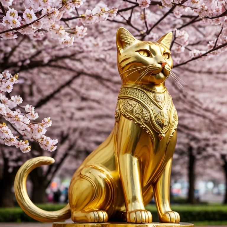 Close-up of a golden cat statue on a light background, its golden aura radiant and shining, clad in intricately detailed golden cat armor, anthropomorphic feline deity, adored as the god of cats, Trending on Adobe Stock, emitting a warm, inviting golden light, a sculpture of purest gold, shimmering with a happy, contented expression, cherished for its mysterious power and very auspicious presence. The cherry blossom tree in the background adds to its beauty, serving as a messenger of good fortune and grace (8K quality, image mode Ultra HD, captured using a Nikon camera, the whole body of the cat statue is