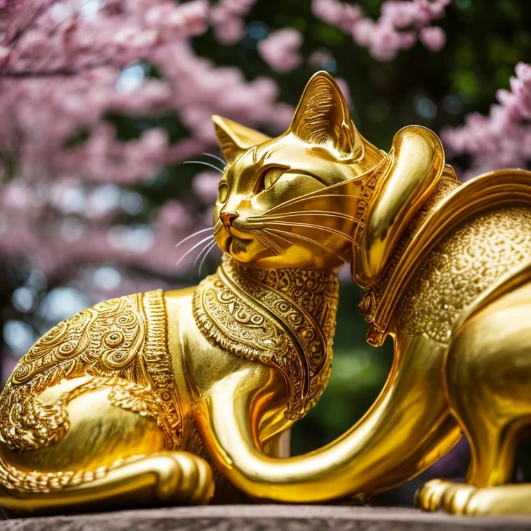 Close-up of a golden cat statue on a light background, its golden aura radiant and shining, clad in intricately detailed golden cat armor, anthropomorphic feline deity, adored as the god of cats, Trending on Adobe Stock, emitting a warm, inviting golden light, a sculpture of purest gold, shimmering with a happy, contented expression, cherished for its mysterious power and very auspicious presence. The cherry blossom tree in the background adds to its beauty, serving as a messenger of good fortune and grace (8K quality, image mode Ultra HD, captured using a Nikon camera, the whole body of the cat statue is