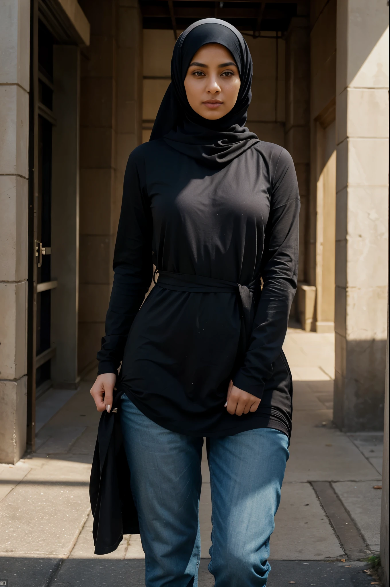 a confident Muslim woman in her early thirties, is a captivating sight as she rides her superbike through the city streets. Her modest hijab is securely wrapped around her head, framing her delicate face and drawing attention to her deep, soulful brown eyes that shine with determination and grace.

Despite being dressed in her religious attire, her attractive body is evident, with her figure measuring 38-30-38. Her long-sleeved tunic gracefully flows over her curves, revealing the subtle contours of her toned arms and waist.

Her hair is neatly tucked away under her hijab, hinting at its lush thickness and natural beauty. Though covered, her radiant presence is undeniable, exuding confidence and elegance with every twist of the throttle.

Her hands, covered by thin gloves that match her outfit, expertly control the bike as she weaves through traffic with ease. Her fingers are agile, shifting gears and applying brakes with precision, showcasing her skillful handling of the powerful machine.

Her slender legs, covered by loose-fitting pants that comply with her religious beliefs, straddle the superbike with poise and balance. Her footwear, modest yet practical, grips the footpegs securely as she leans into each turn, displaying her mastery of the bike.

As Amara navigates the urban landscape, she challenges stereotypes and breaks barriers, proving that faith and passion can coexist harmoniously. Her ride is not just a journey through the city, but a statement of empowerment and freedom, inspiring admiration and respect from all who witness her grace on wheels.
