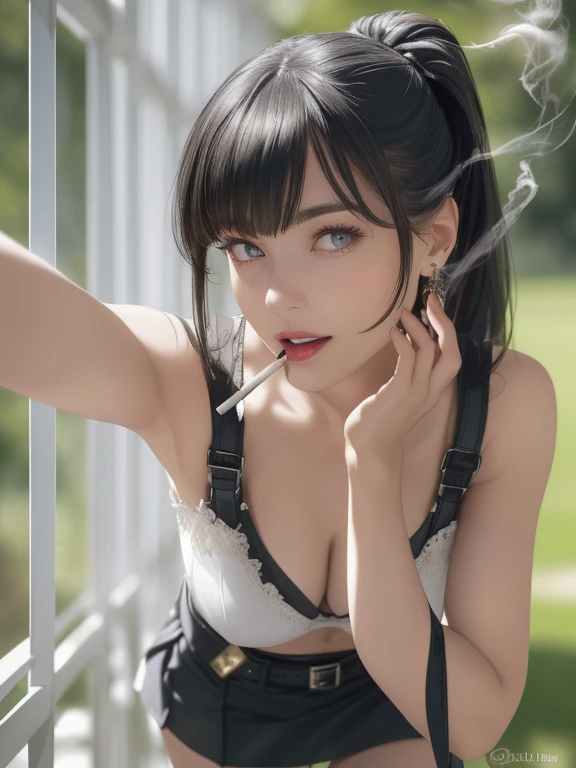 22 years old, (milf:0.8), (solo:1.5), (sfw:1.25), cute breast, beautiful breasts, medium tits,black suspenders,(Bulging ,big breasts:1.1),(Black miniskirt:1.3),garters,Gaze,Small face,bangss,holster,Belt Armament,Beautuful Women, thin waist, big ass:1.0, Raised sexy, (dark green mediumlong hair,side ponytail,hair between eyes,bangs, dark blue eyes, light smile, big , Revimpling fabric, earrings, Hand gloves, detailed face,(smoking:1.3),detailed and beautiful eyes,beautiful detailed lips,Rolling her eyes,manner,(ultra high resolution, 8K RAW photo, photo realistics, thin outline:1.3, clear focus), best qualtiy, natural lighting, textile shading, field depth (Bright pupils, fine detailed beautiful eyes with highlight:1.3, high detailed face), Red lip, fine realistic skins:1.1, looking down viewers:1.3, (dynamic angle:1.3, front view:1.1, breast focus:1.3, from below:1.2), (dynamic posing:1.5, sexy posing:1.2, leaning forward),Youghal, side lock, hair ornaments, hair band,nice,garden background,artistic rendering,Super detailed,(highest quality,4k,8K,High resolution,masterpiece:1.2),Bright colors,studio lighting ,in usa military base,