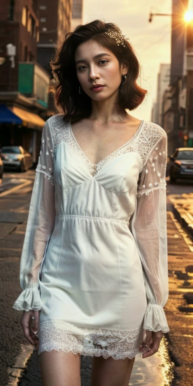 A beautiful woman,woman stands outside, sparkling skin, Ultimate luxury, Reflecting the rain, (standing outside in open next to street light)), the most beautiful woman on earth, (Her hair is long, She shines with natural radiance, radiant skin) , Stylish hairstyle, (Complex summer dress、pattern、hollow、lace、random color), An amazing woman, Perfect body，Medium breasts，thin waist，long legs，Her skin was wet, (Super fine节的夏装, fabric, (backlight)), (highest quality fabric texture), membranous, (surreal , Rainy days, atmosphere ,Soft accent light, Gorgeous Rembrandt style lighting, (Rembrandt Patch)), (highest quality wet fabric texture), matte dress fabrics, Her wet hair, surreal, Decorated with long eyelashes, The color of fireflies, A world of passion. meticulous,(fine grained), (最高細節肌膚紋理桃絨毛耳垂lifelike, water droplets) ○○ res – 超high resolution , The texture is very high (Water highlight resolution), lifelike的 hands and fingers – (lifelike美丽 4k) , 8K,Extreme details, close, She looks at the camera, tease, Her perfectly sculpted lips, lifelike, Highly realistic and natural lips. she is a, Vermeer, a work of art, Tempting. pamper.Solo woman, (highest quality fabric texture), Light-colored hair, every detail,Exquisite facial features, Masterpiece – Masterpiece ○○ Quality – (best quality) ,Leica film, High quality ○○ detailed – ○○ super detailed(Super fine ), lifelike的, Very detailed(Very detailed) , meticulous, (最高细节water dropletslifelike)○○ 解析度 – ○○ 解析度超high resolution(high resolution)