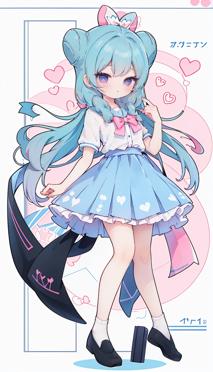 masterpiece, best quality, high resolution, aabeta, double, white simple background, standing, slim waist, cute, sailor uniform, pink bow tie, blue skirt, long socks, (PastelColors: 1.3), full body, vn