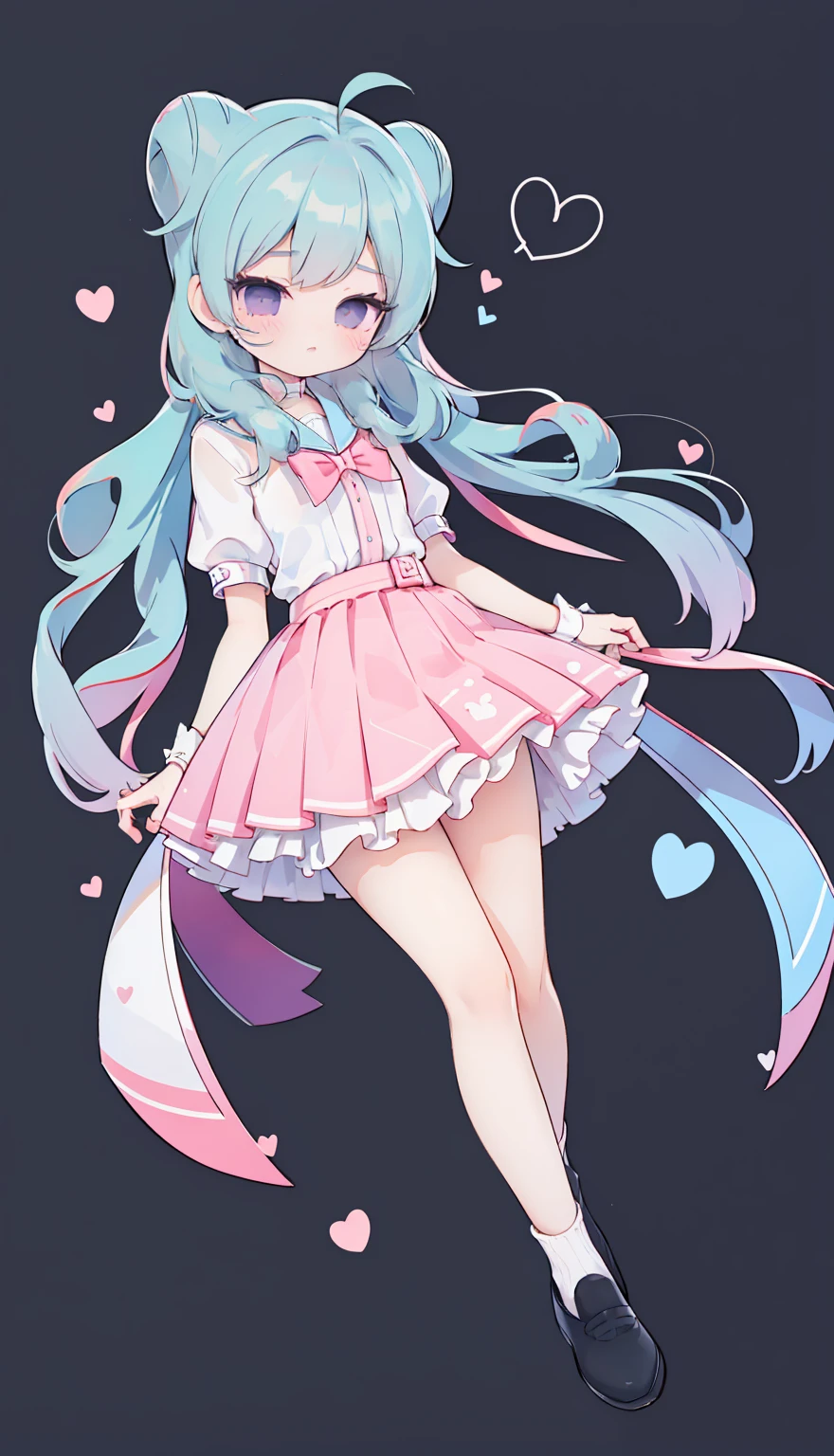 masterpiece, best quality, high resolution, aabeta, double, white simple background, standing, slim waist, cute, sailor uniform, pink bow tie, blue skirt, long socks, (PastelColors: 1.3), full body, vn