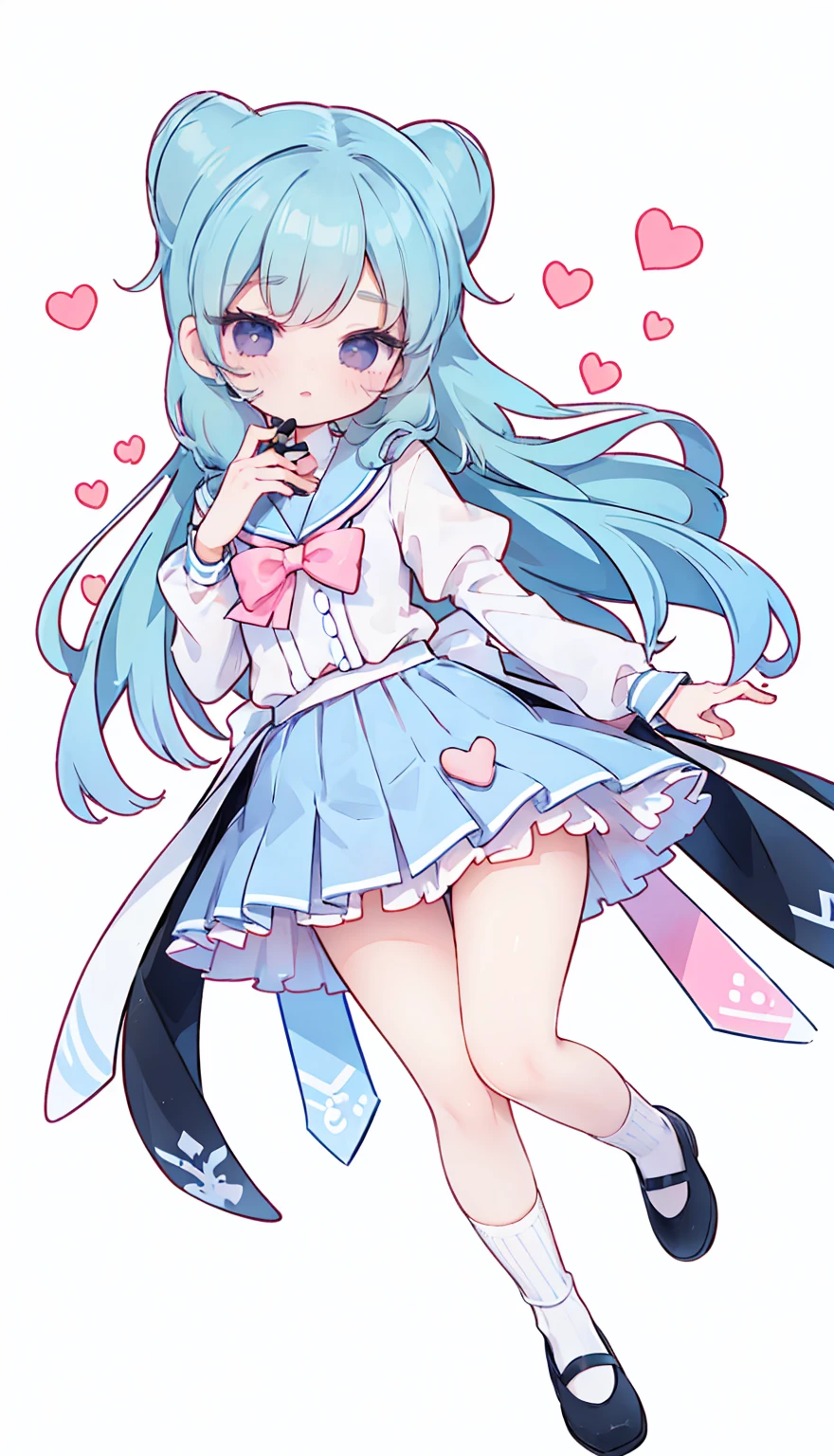 masterpiece, best quality, high resolution, aabeta, double, white simple background, standing, slim waist, cute, sailor uniform, pink bow tie, blue skirt, long socks, (PastelColors: 1.3), full body, vn