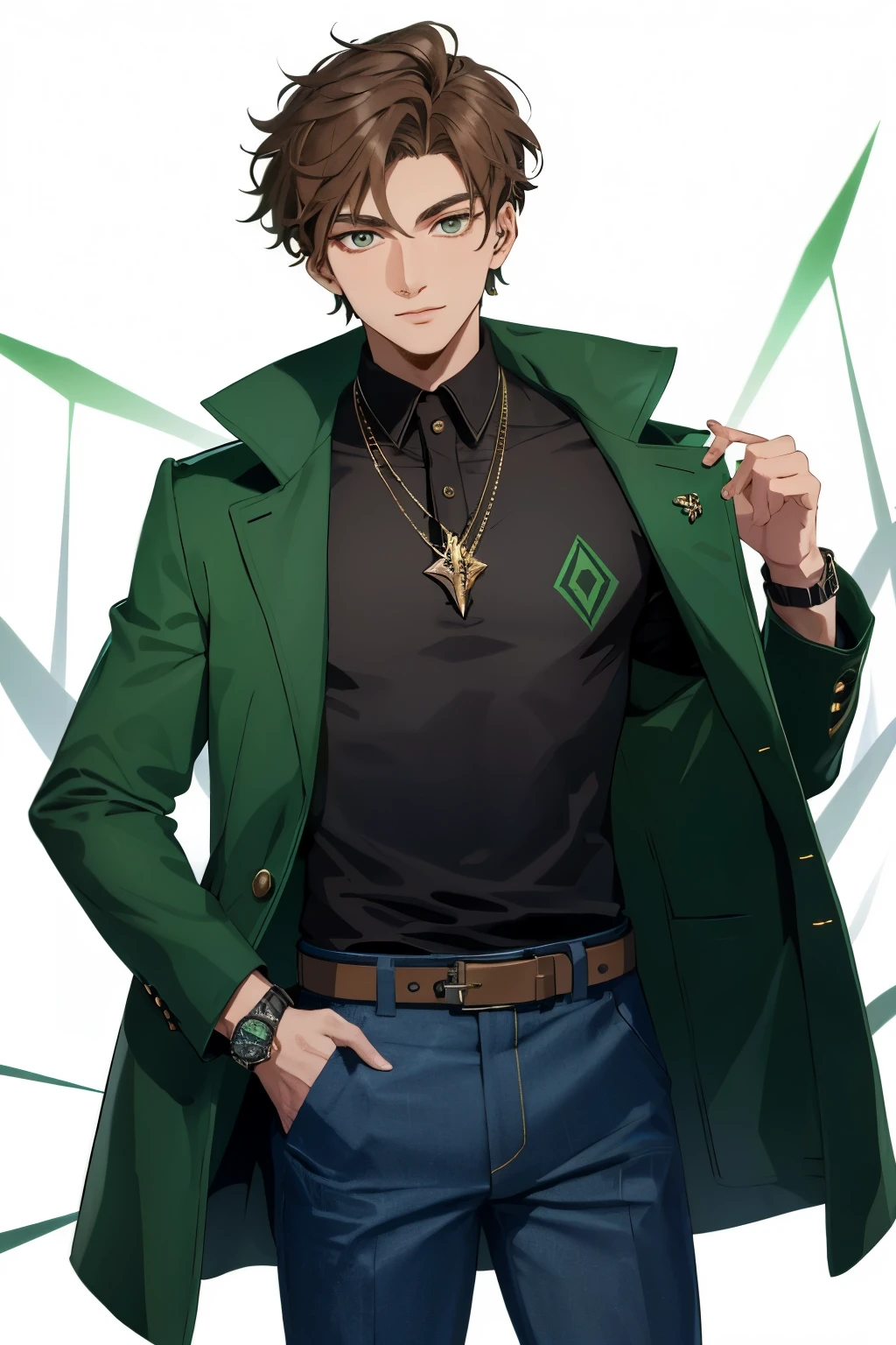 A young boy, clad in a brown wavering hair and donning a long sleeve jacket of verdant hue, adorned with a prominent "10" symbol on its chest. He pairs this stylish jacket with contrasting blue denim trousers that snugly cover white shoes, boasting a vibrant green sheen. On his wrist, he sports a chic green energy watch, adorned with two black triangles at its face. The whole ensemble exudes an allure of trendiness and modernity. (125 words)

A handsome lad, endowed with brown wavy locks, wears a long sleeved jacket of lush green color displaying the em