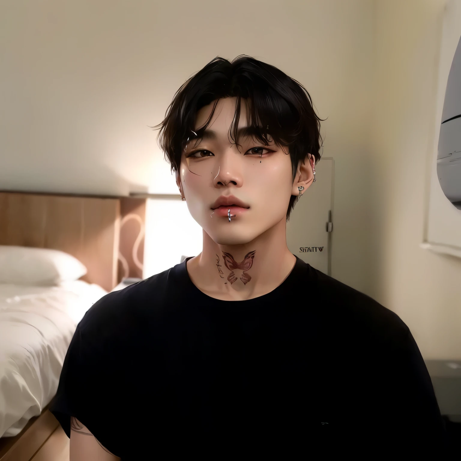 Taehyung do BTS, homem SEM piercings, coreano, Asian with slanted eyes, cabelo escuro, camisa preta, no neck tattoo, pink lips.