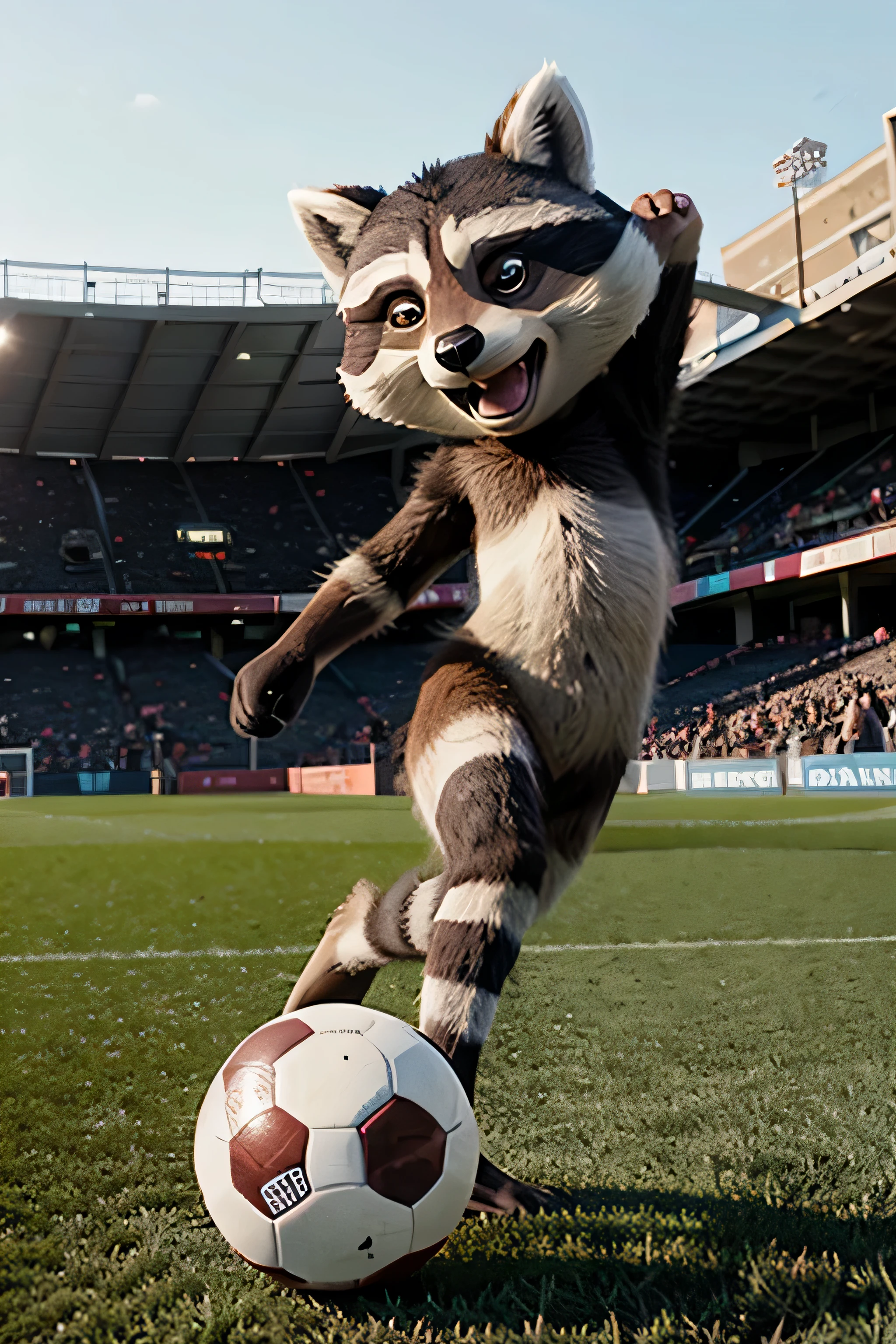 cartoon raccoon playing soccer without background 