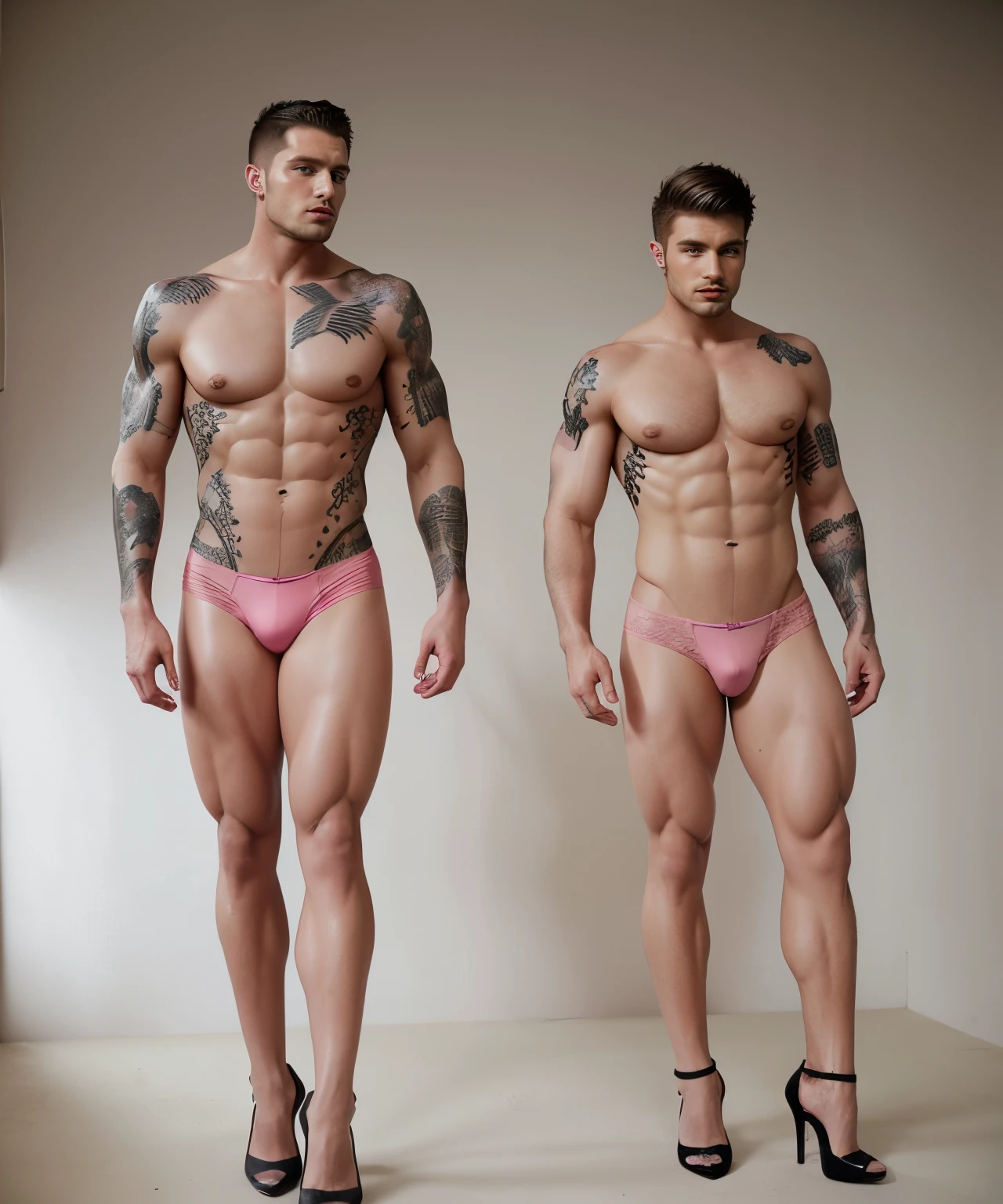 two Muscular masculine hunk men with very short hair, some tattoos,dressing up in pink lingerie, stockings, padded bra, high heels , lipstick and fake eyelashes