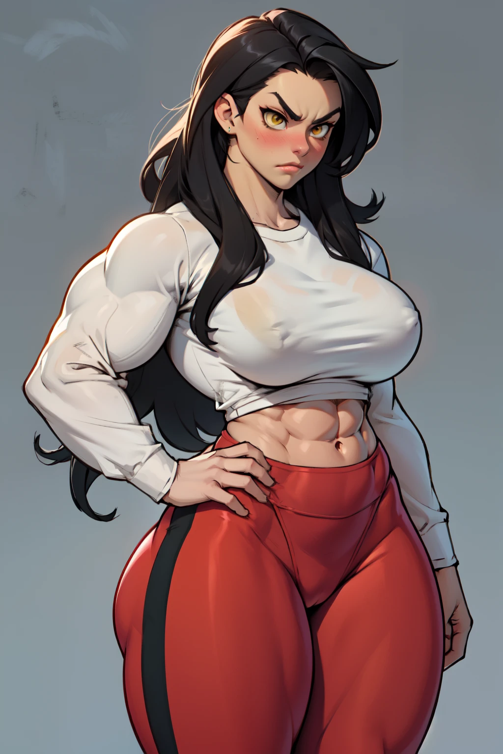 1girl (((muscular toned body))) huge breasts thick thighs wide hips curvy abs black hair yellow eyes very long hair pale skin voluptuous angry blush leggings tight shirt long sleeve