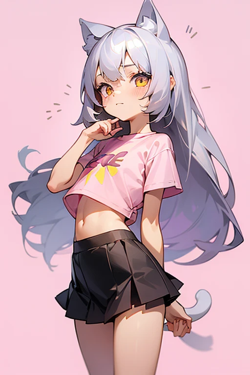 1girl, silver hair, golden eyes with pupils, ((skinny)), ((petite)), small, ((neko)), (cropped solid pastel pink tshirt), long hair, short skirt, (((kid))), cat ears, happy, blush, midriff, at school