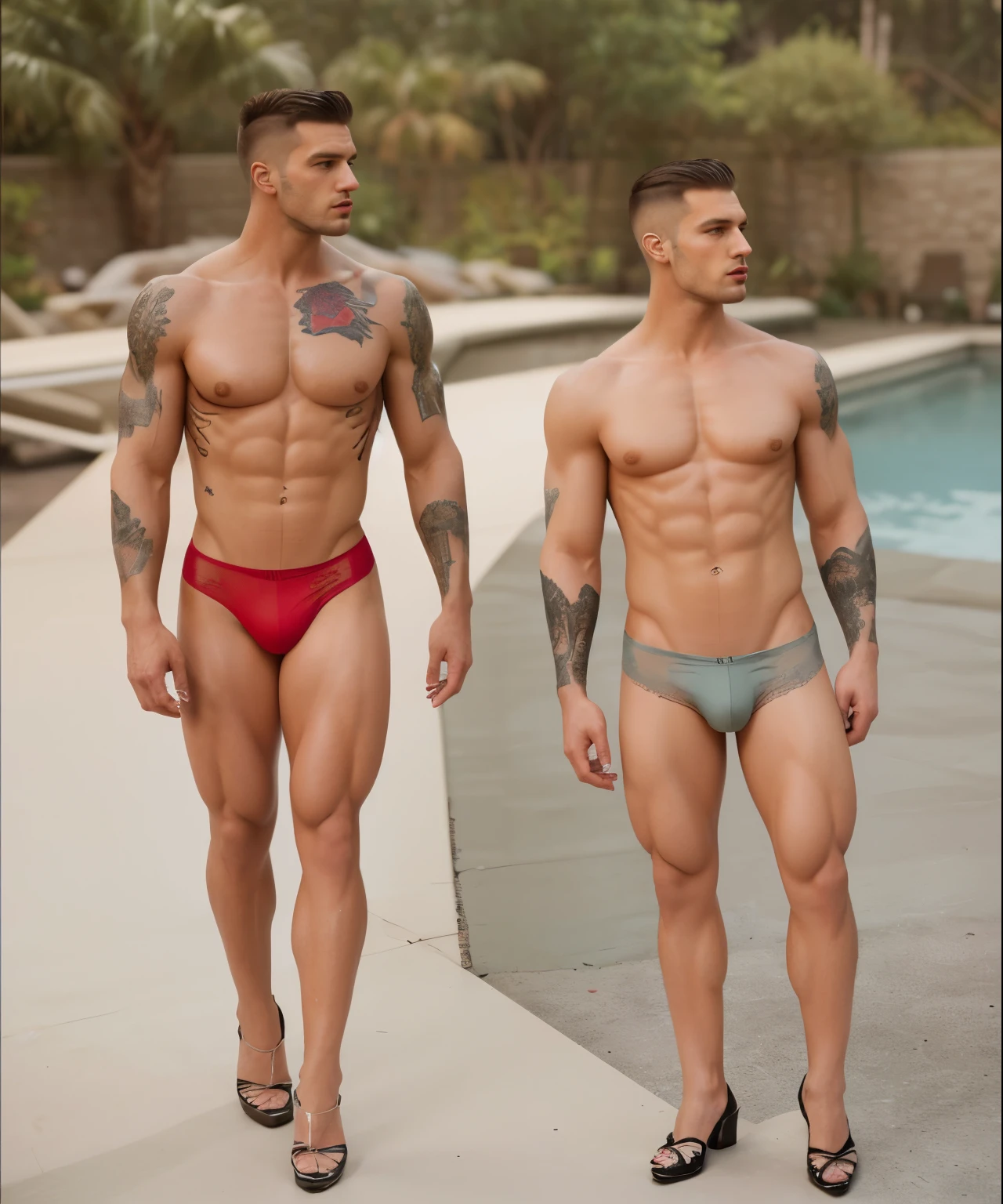 two Muscular masculine hunk men with very short hair, some tattoos,dressing up in lingerie, stockings, padded bra, high heels , lipstick and fake eyelashes