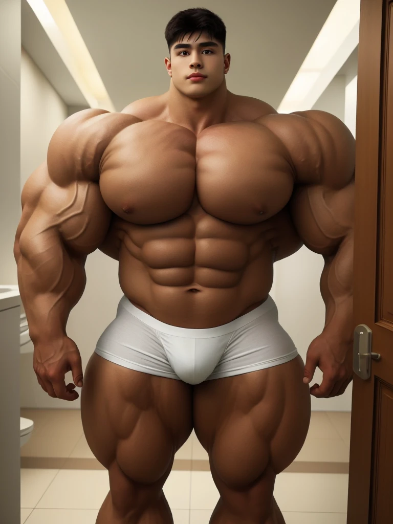 1boy, giant, model shoot style, looking at viewer, standing, illuminating light, indoor, strong body, bulk, massive body, wide pecs, large size, brown skin, standing, in the bathroom, white triangular underwear, prominent rounded bulge, brutalmass