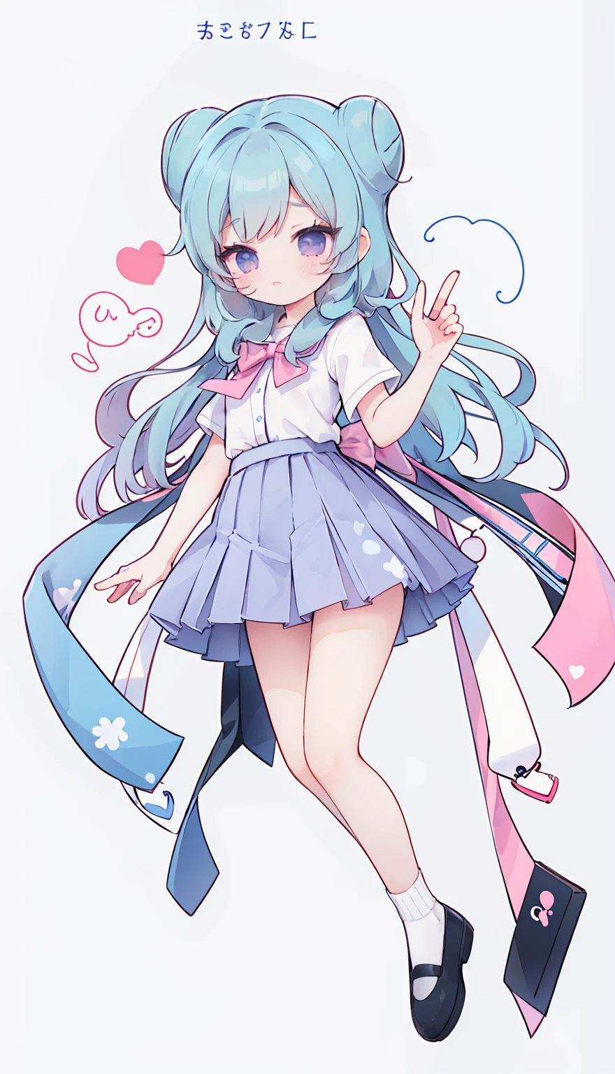 masterpiece, best quality, high resolution, aabeta, double, white simple background, standing, slim waist, cute, sailor uniform, pink bow tie, blue skirt, long socks, (PastelColors: 1.3), full body