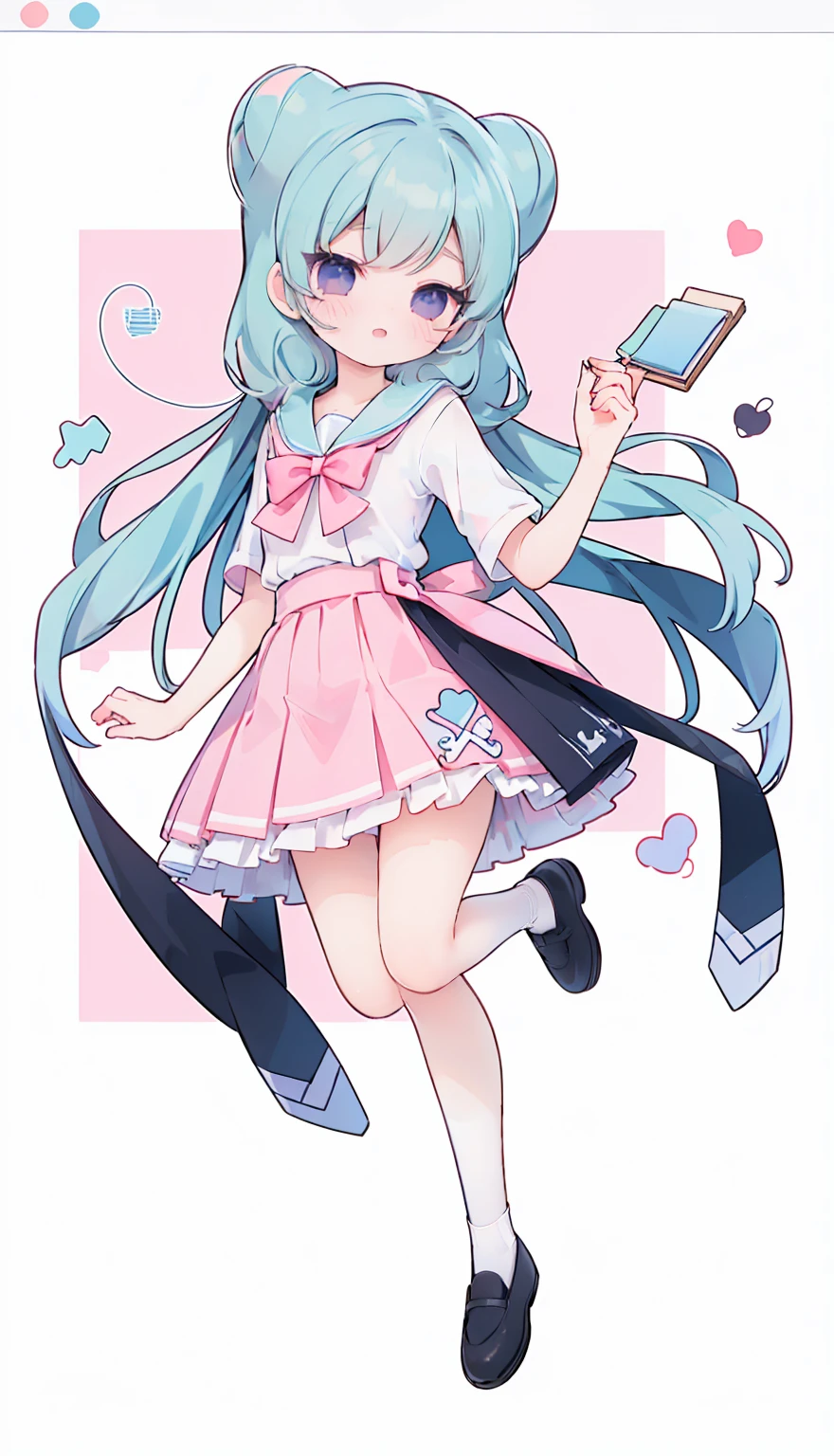 masterpiece, best quality, high resolution, aabeta, double, white simple background, standing, slim waist, cute, sailor uniform, pink bow tie, blue skirt, long socks, (PastelColors: 1.3), full body