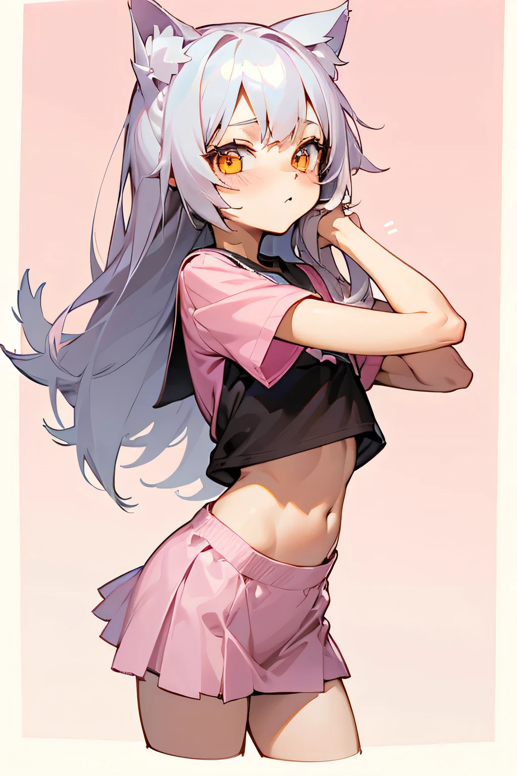1girl, silver hair, golden eyes with pupils, ((skinny)), ((ite)), small, ((neko)), (cropped solid pastel pink tshirt), long hair, short skirt, (((kid, cat ears, happy, blush, midriff, at school