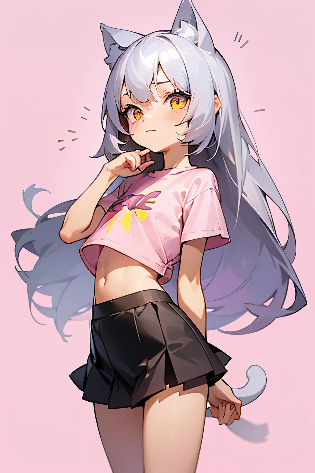 1girl, silver hair, golden eyes with pupils, ((skinny)), ((petite)), short, small, ((neko)), (cropped solid pastel pink tshirt), long hair, short skirt, (((???))), cat ears, happy, blush, flat chest, midriff, at school, hand on tummy, belly rub