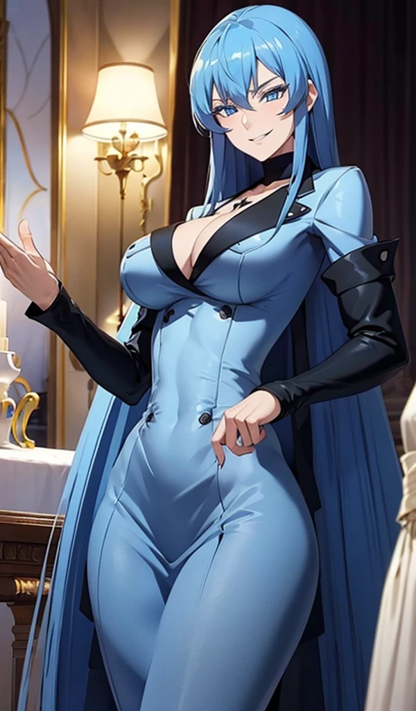 1 girl with long blue hair, blue eyes, blue eyelashes, black suit, big breasts, smiling, in a luxurious mansion, standing, evening style