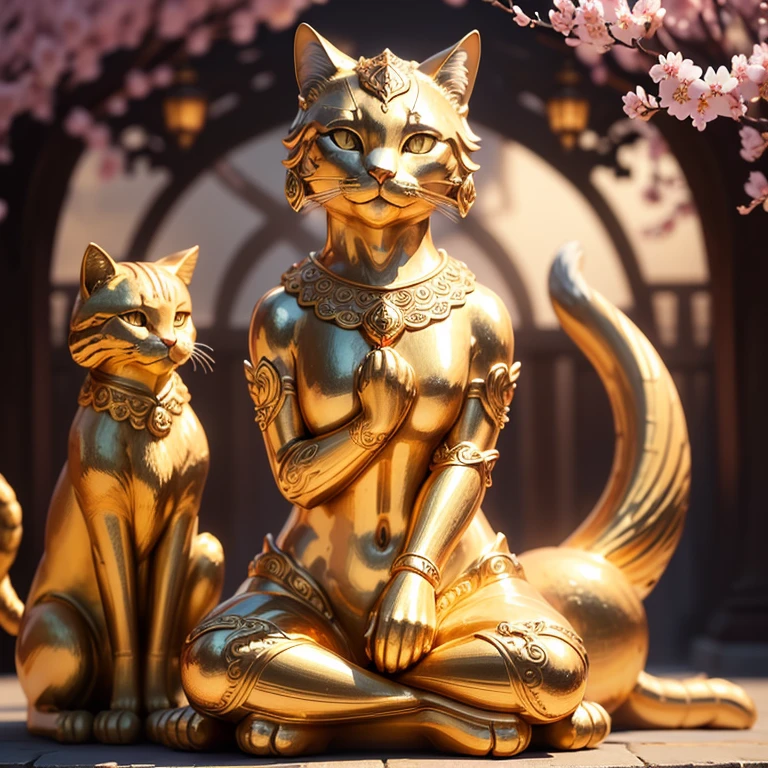 Close-up of a golden cat statue on a light background, its golden aura radiant and shining, clad in intricately detailed golden cat armor, anthropomorphic feline deity, adored as the god of cats, Trending on Adobe Stock, emitting a warm, inviting golden light, a sculpture of purest gold, shimmering with a happy, contented expression, cherished for its mysterious power and very auspicious presence. The cherry blossom tree in the background adds to its beauty, serving as a messenger of good fortune and grace (8K quality, image mode Ultra HD, captured using a Nikon camera, the whole body of the cat statue is