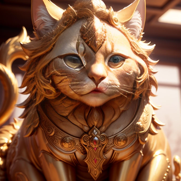 Close-up of a golden cat statue on a light background, its golden aura radiant and shining, clad in intricately detailed golden cat armor, anthropomorphic feline deity, adored as the god of cats, Trending on Adobe Stock, emitting a warm, inviting golden light, a sculpture of purest gold, shimmering with a happy, contented expression, cherished for its mysterious power and very auspicious presence. The cherry blossom tree in the background adds to its beauty, serving as a messenger of good fortune and grace (8K quality, image mode Ultra HD, captured using a Nikon camera, the whole body of the cat statue is