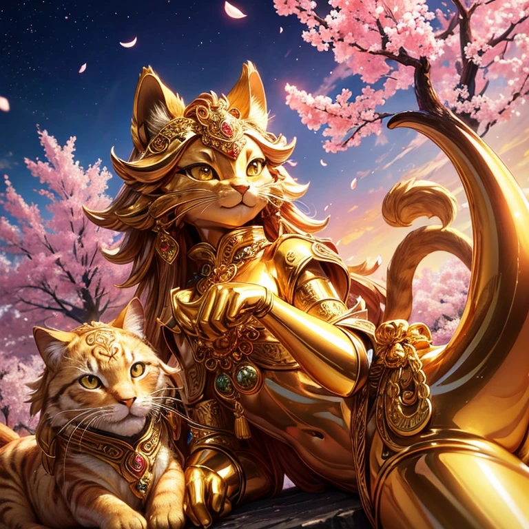 Close-up of a golden cat statue on a light background, its golden aura radiant and shining, clad in intricately detailed golden cat armor, anthropomorphic feline deity, adored as the god of cats, Trending on Adobe Stock, emitting a warm, inviting golden light, a sculpture of purest gold, shimmering with a happy, contented expression, cherished for its mysterious power and very auspicious presence. The cherry blossom tree in the background adds to its beauty, serving as a messenger of good fortune and grace (8K quality, image mode Ultra HD, captured using a Nikon camera, the whole body of the cat statue is