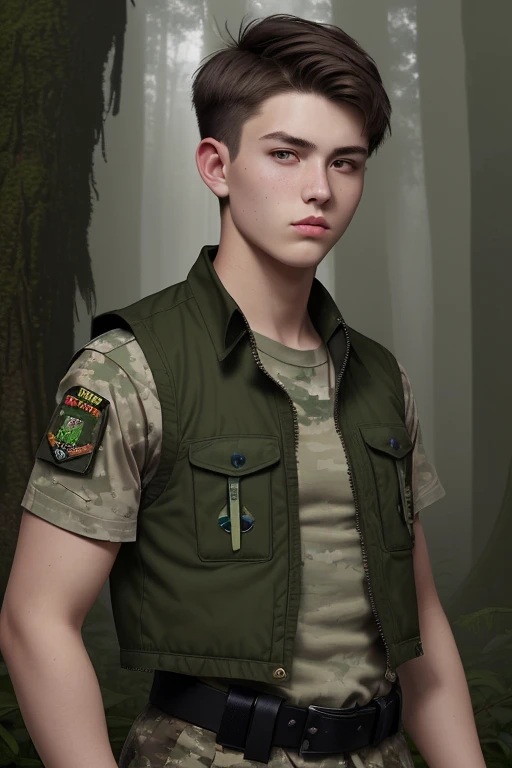 20-year-old boy, short brown hair, military shirt with military print, vest with green soldier print, looking straight at the viewer in the background of a foggy forest, black belt with skull-shaped buckle 