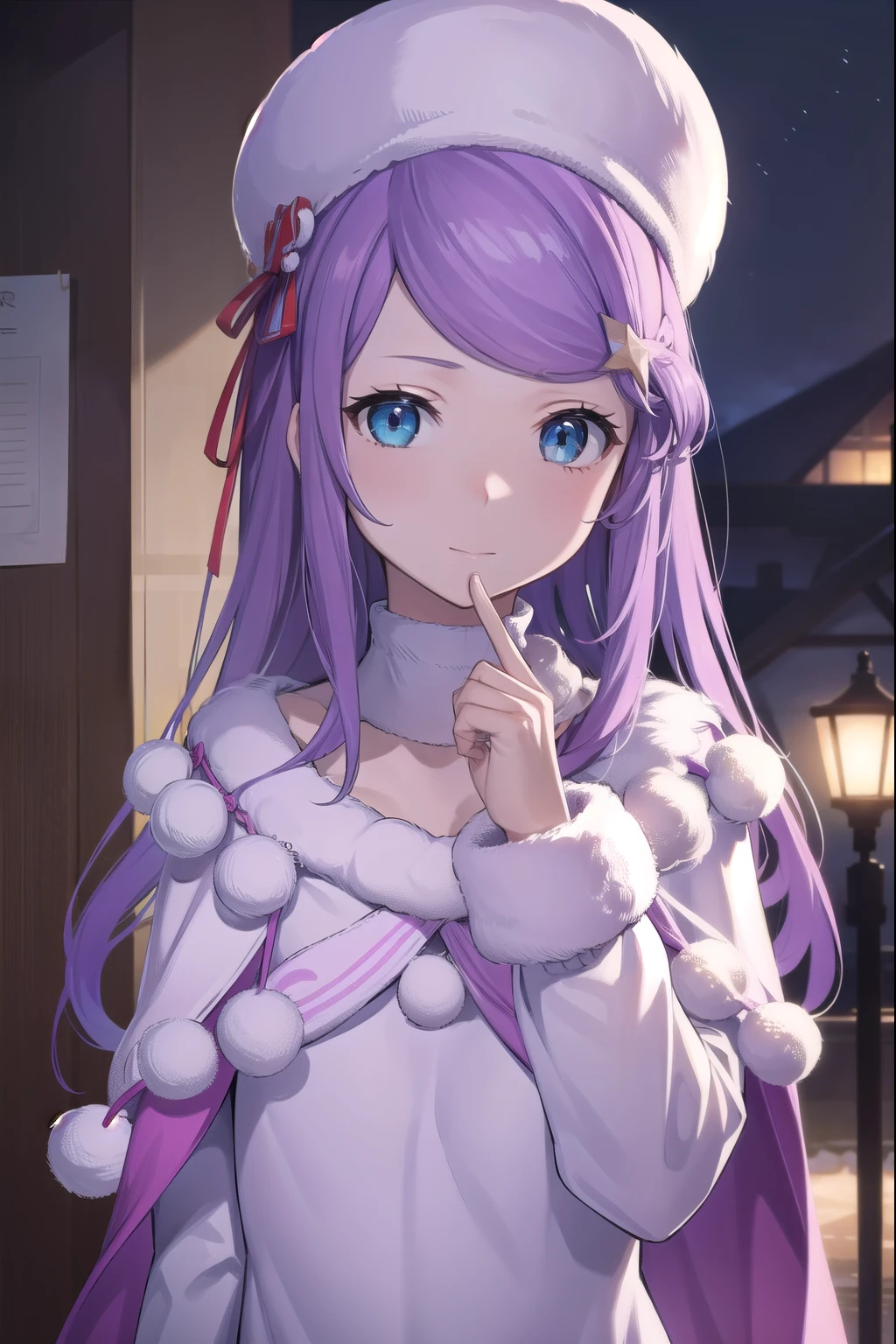 Anastasia Khoshinа, Anastasia Khoshin, long hair, Blue eyes, purple hair, combed bangs,
BREAK hair ornament, long sleeves, It has, dress, a gift, Star \(symbol\), white dress, fur trim, white headdress, pink a gift, pom pom \(Cloth\), Star hair ornament,
BREAK looking at viewer, whole body,
BREAK indoors,
BREAK (masterpiece:1.2), Best quality, A high resolution, unity 8k wallpaper, (illustration:0.8), (Beautiful detailed eyes:1.6), very detailed face, perfect lighting, extremely detailed computer graphics, (perfect hands, Ideal Anatomy),