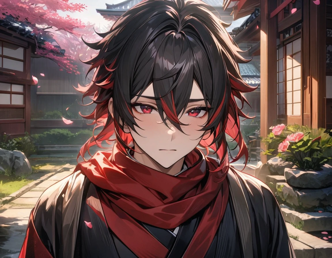 absurdres, highres, ultra detailed, HDR, master piece, best quality, Hizen Tadahiro, Gemini hair, left half red hair, right half black hair, hair between the eyes, expressive red eyes, solo, 1man, handsome, black kimono, red scarf, Japanese traditional residence, garden, pink flowers, pink petals, Genshin Impact