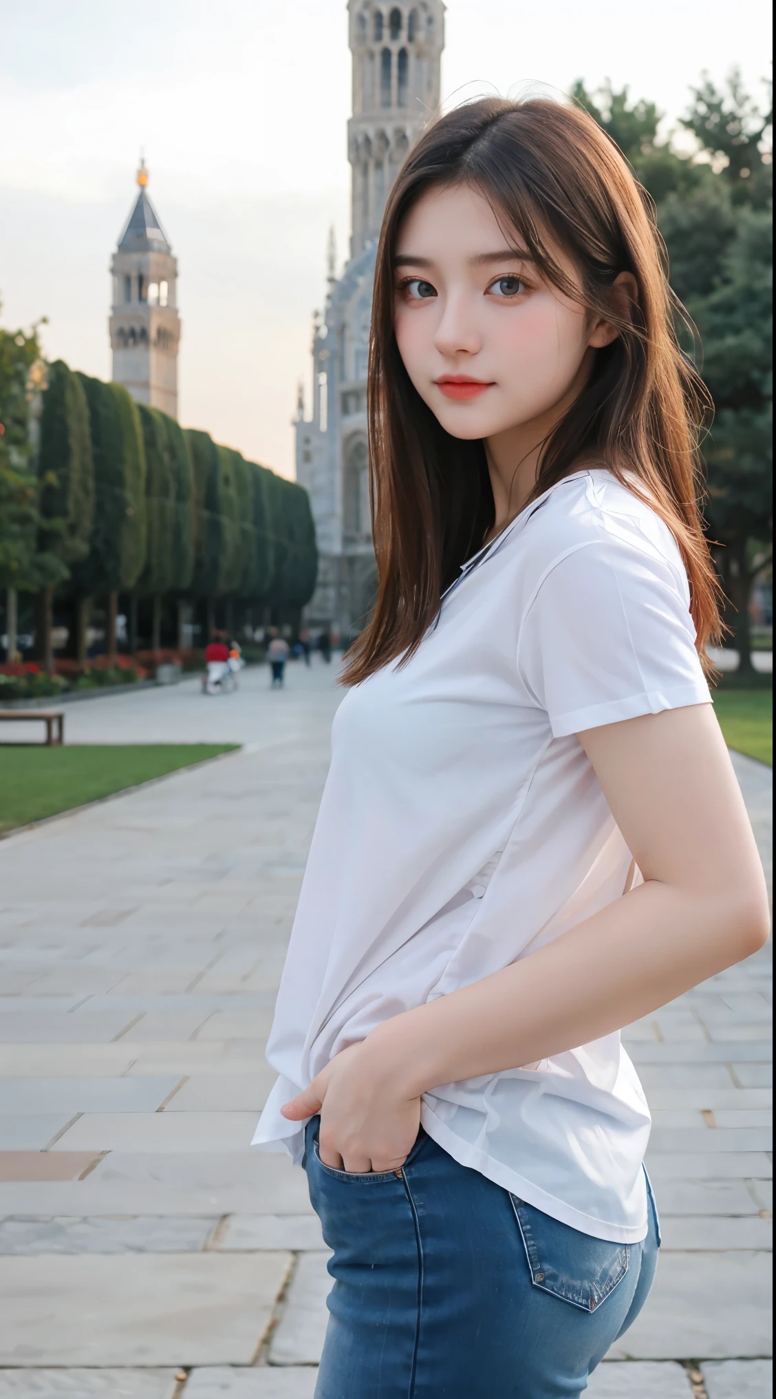 Gorgeus Girl, Beautiful, , 20 Years Old, White Skin, Sexy Pose, red shirt, Blue Eye, Bokeh, pisa tower Background, Masterpiece, Fullbody Shot,