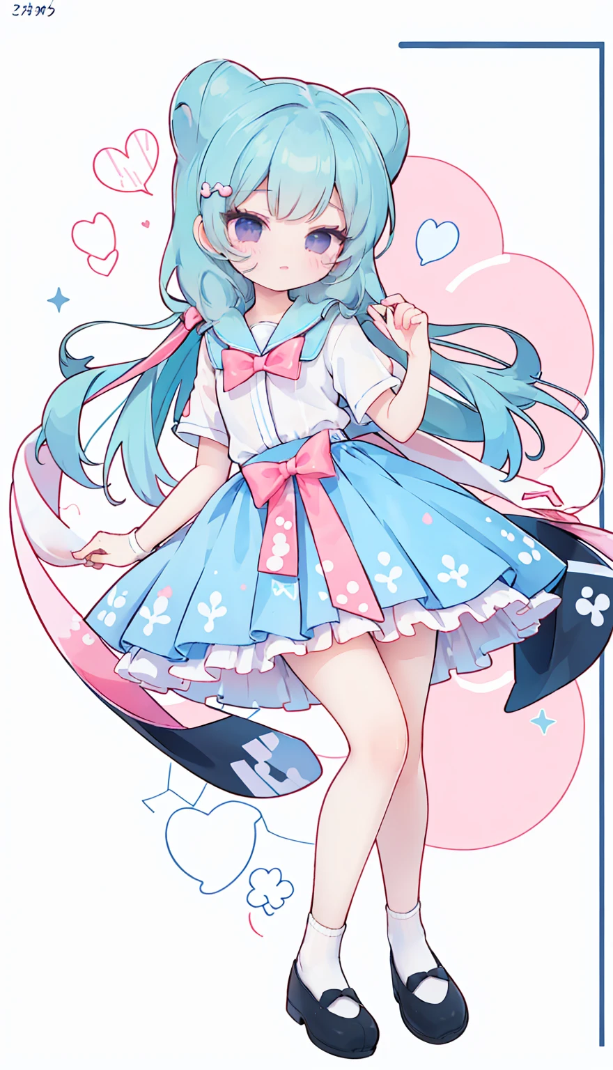masterpiece, best quality, high resolution, aabeta, double, white simple background, standing, slim waist, cute, sailor uniform, pink bow tie, blue skirt, long socks, (PastelColors: 1.3), full body