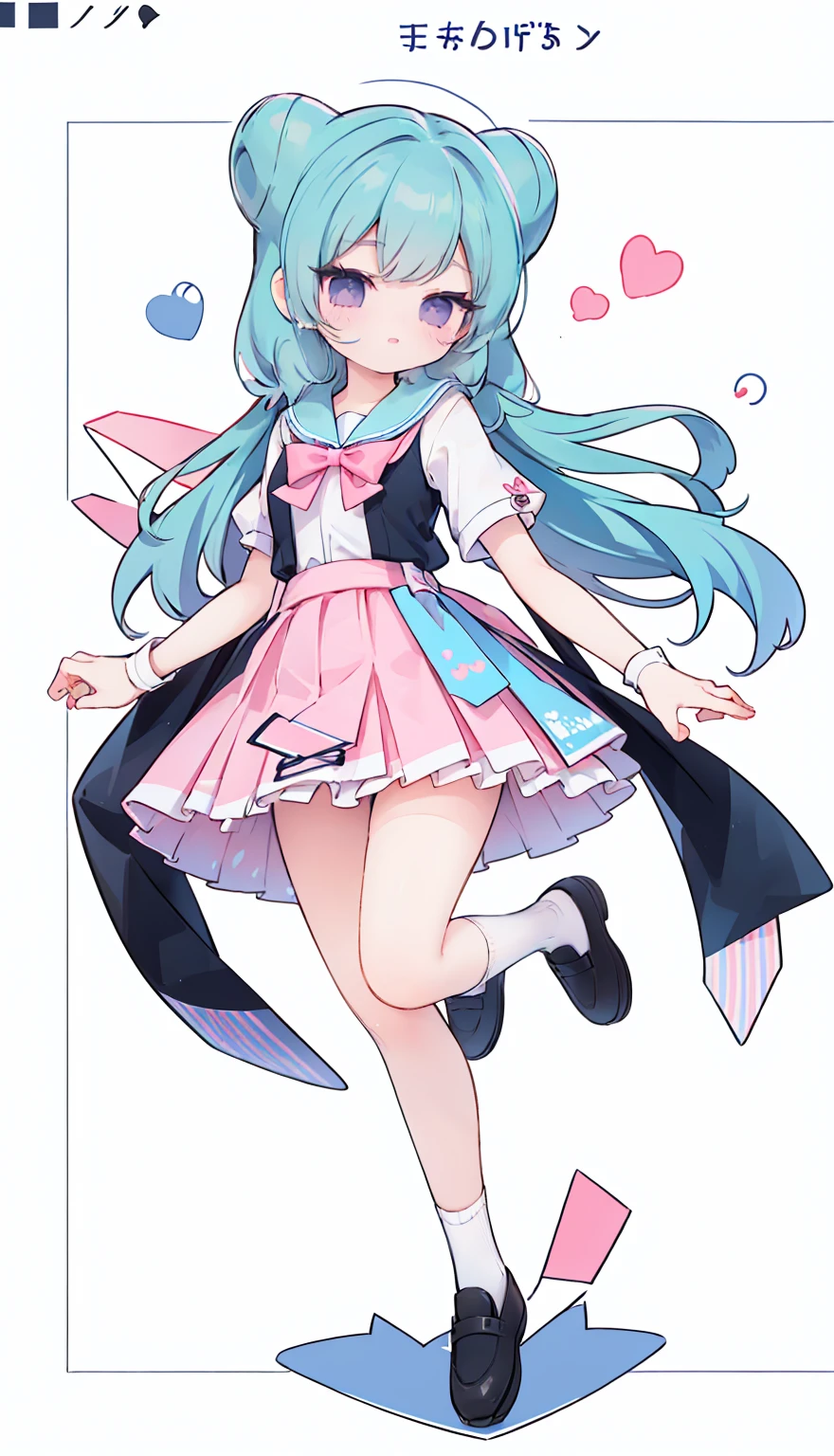 masterpiece, best quality, high resolution, aabeta, double, white simple background, standing, slim waist, cute, sailor uniform, pink bow tie, blue skirt, long socks, (PastelColors: 1.3), full body