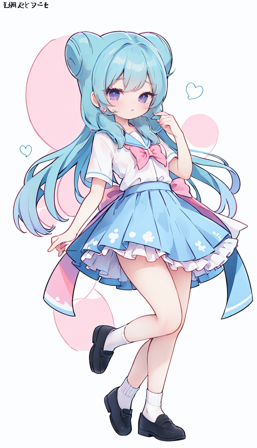 masterpiece, best quality, high resolution, aabeta, double, white simple background, standing, slim waist, cute, sailor uniform, pink bow tie, blue skirt, long socks, (PastelColors: 1.3), full body