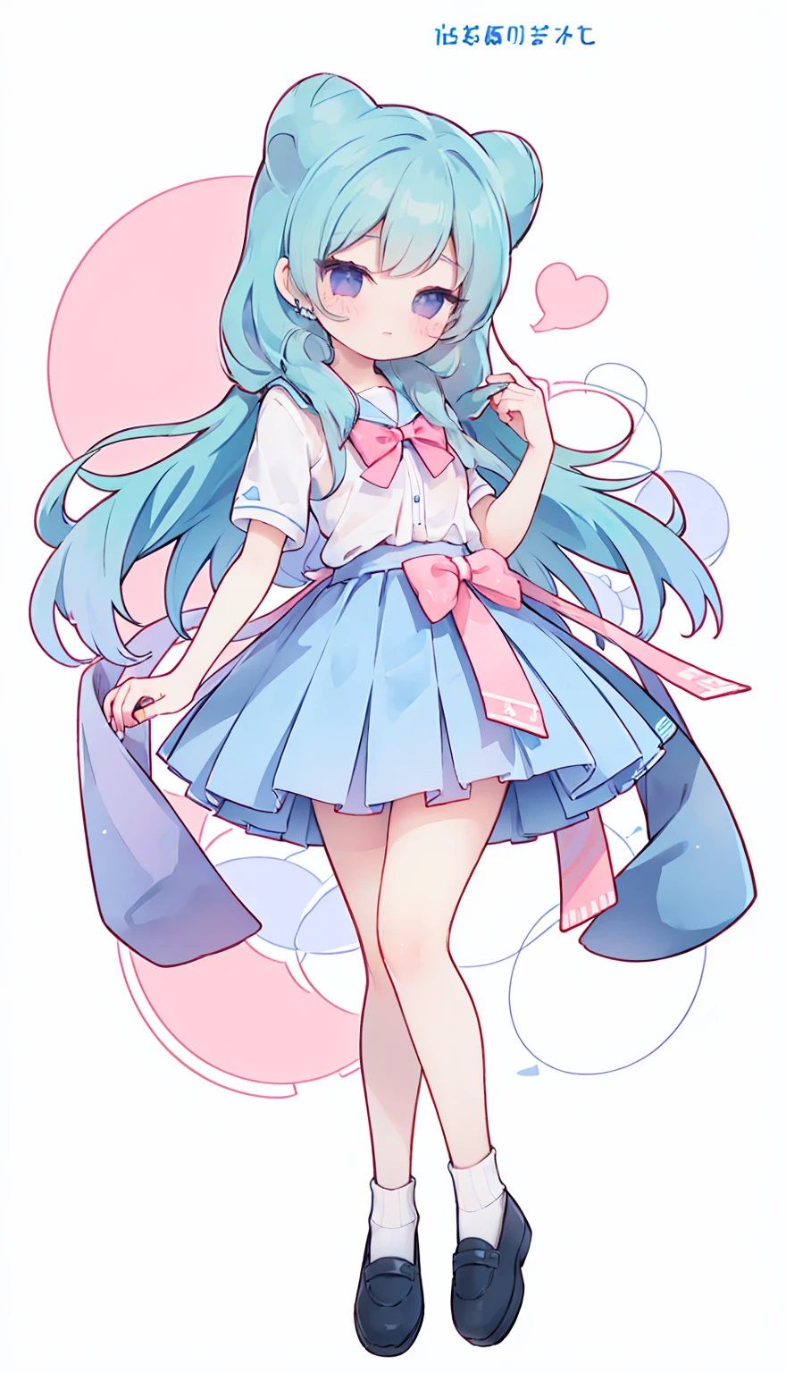 masterpiece, best quality, high resolution, aabeta, double, white simple background, standing, slim waist, cute, sailor uniform, pink bow tie, blue skirt, long socks, (PastelColors: 1.3), full body