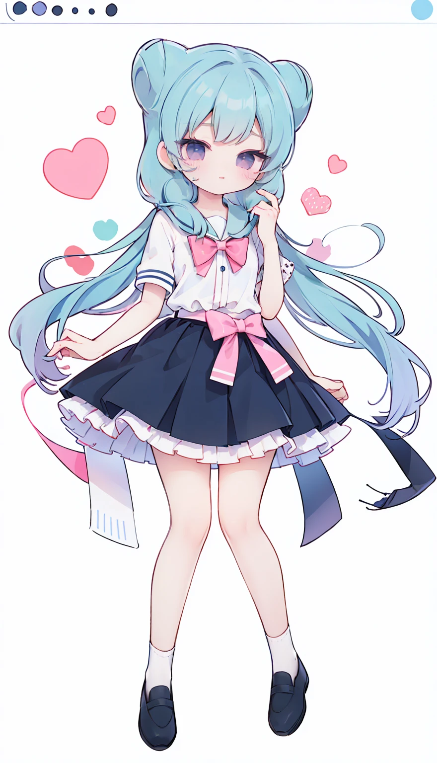 masterpiece, best quality, high resolution, aabeta, double, white simple background, standing, slim waist, cute, sailor uniform, pink bow tie, blue skirt, long socks, (PastelColors: 1.3), full body