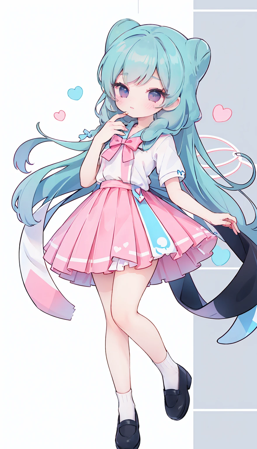 masterpiece, best quality, high resolution, aabeta, double, white simple background, standing, slim waist, cute, sailor uniform, pink bow tie, blue skirt, long socks, (PastelColors: 1.3), full body