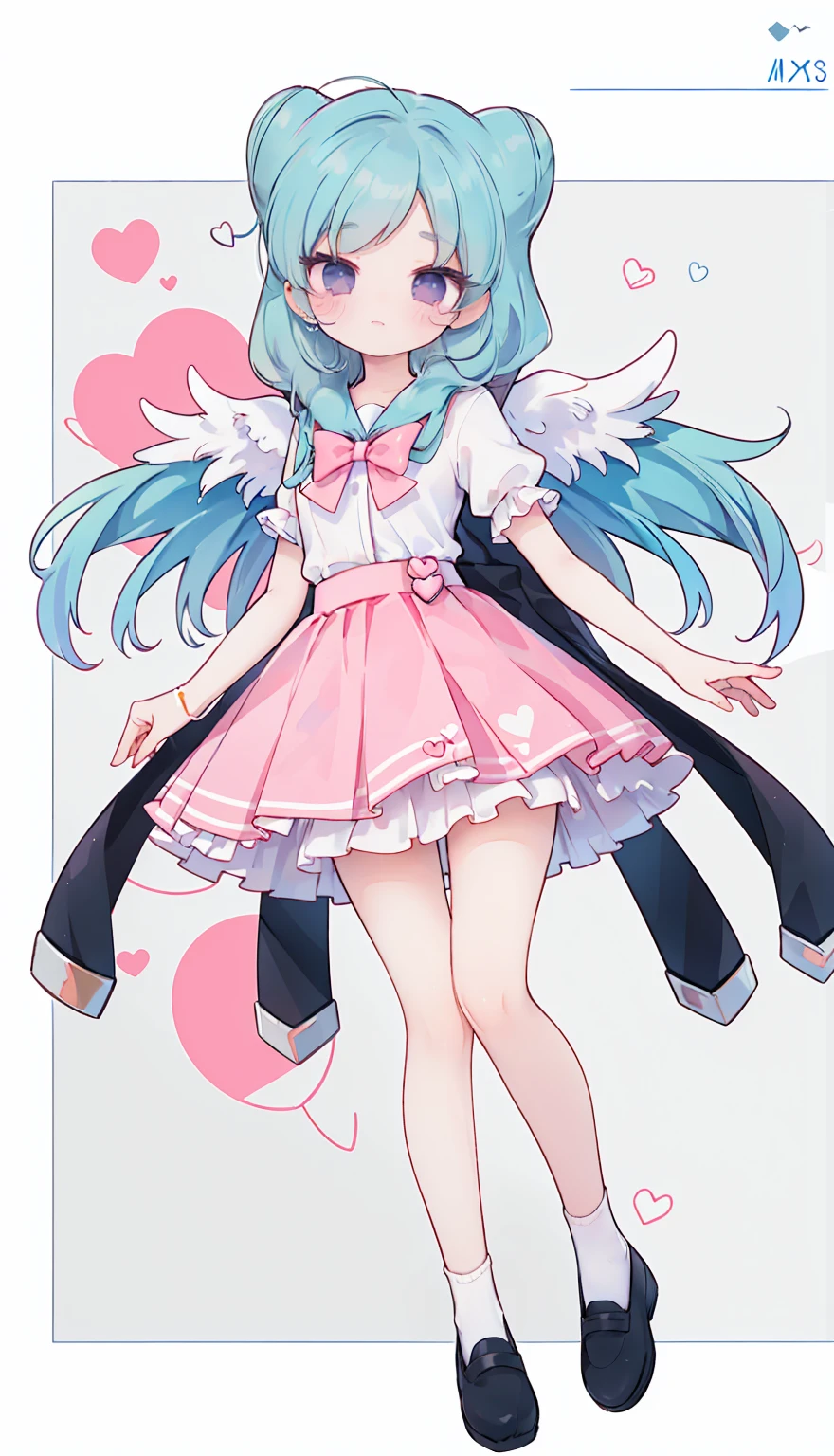 masterpiece, best quality, high resolution, aabeta, double, white simple background, standing, slim waist, cute, sailor uniform, pink bow tie, blue skirt, long socks, (PastelColors: 1.3), full body