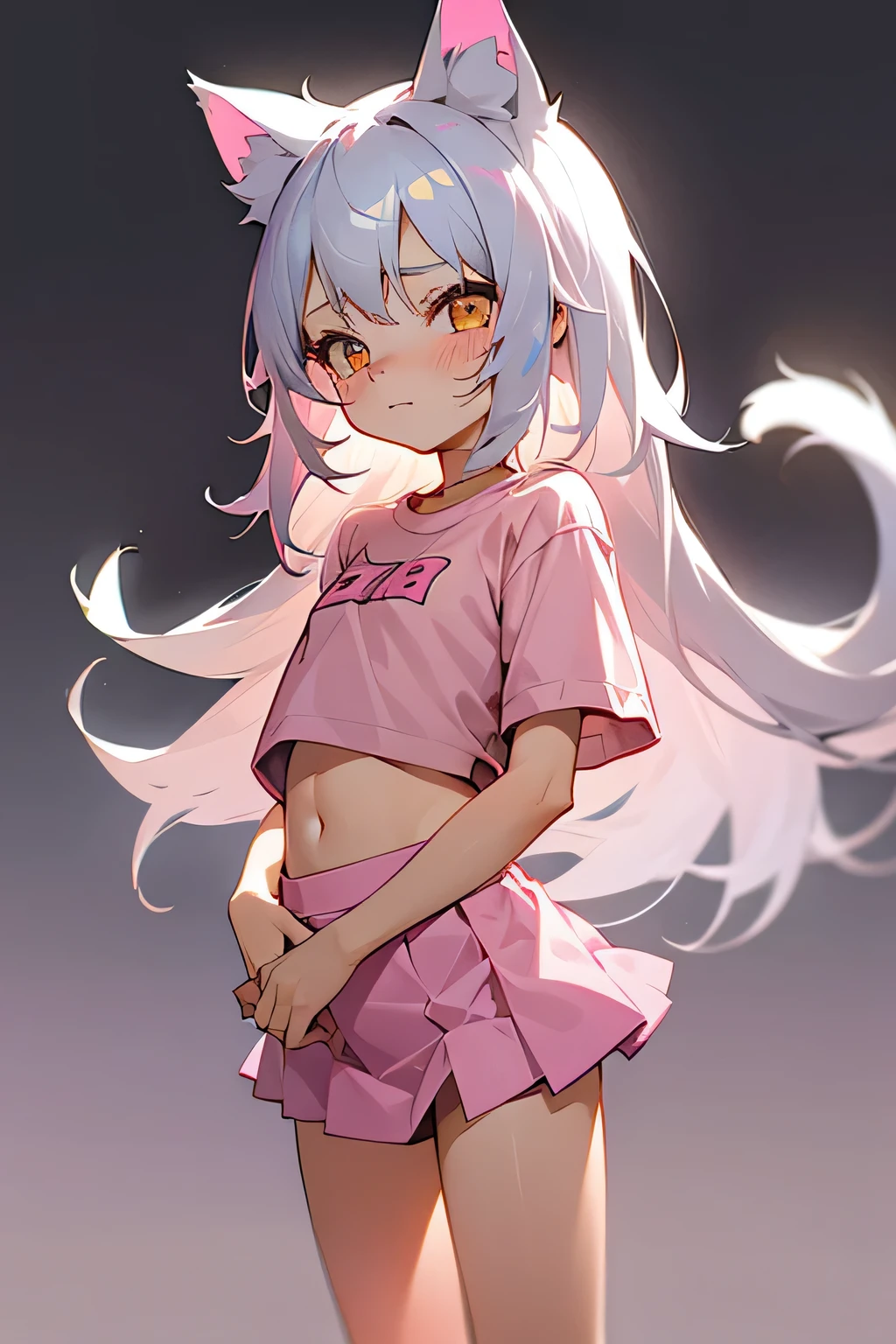 1girl, silver hair, golden eyes with pupils, ((skinny)), ((petite)), small, ((neko)), (cropped solid pastel pink tshirt), long hair, short skirt, (((???))), cat ears, happy, blush, midriff, at school
