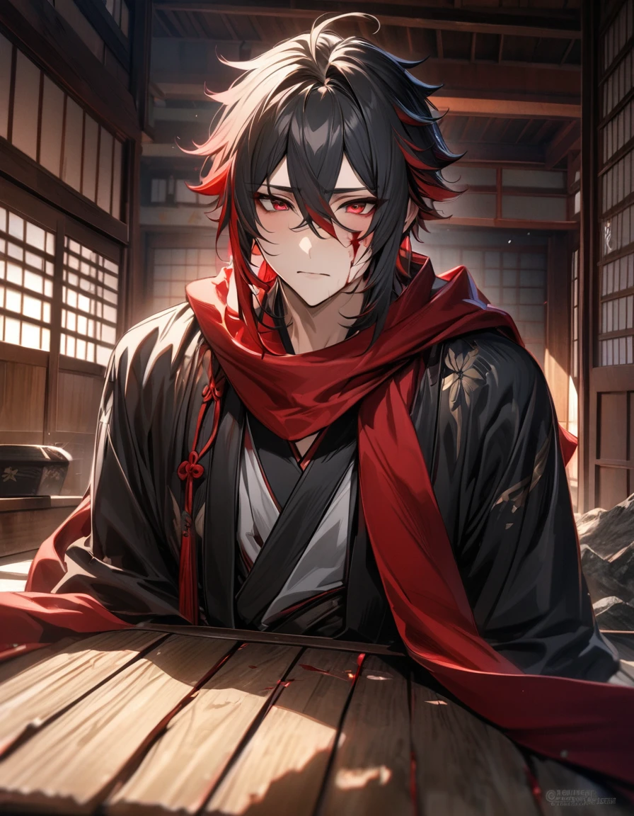 absurdres, highres, ultra detailed, HDR, master piece, best quality, Hizen Tadahiro, Gemini hair, left half red hair, right half black hair, hair between the eyes, expressive red eyes, solo, 1man, handsome, black kimono, red scarf, face stained with blood, inside a Japanese traditional house, Genshin Impact