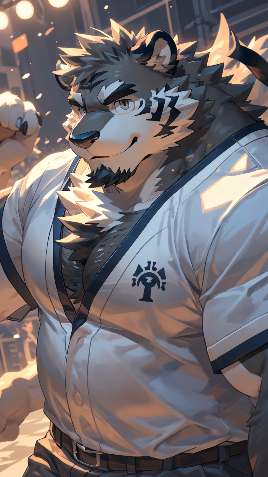 alone, ((fluffy fur, fluffy, hairy body)), detailed fluffy fur, Detailed face, delicate Eye, dynamic poses, (super detailed), sharp focus, Genji, Eye, hairy, (Gray black fur:1.5), White beard, human nature (black tiger), chest hair,male, middle aged, white belly, Increase chest muscles(((muscular))), (endomorph body type:0.4), Not too fat, rest ((baseball uniform)), ultra Detailed face, high detail, high quality, (best quality,4K,8K,High resolution,masterpiece:1.2), (close up:1.3), author:Takemoto Arashi, by kulplant, author:ghost of emptiness, From raccoon21, dynamic lighting, Smile, (whole body:1.4), looking at the audience, eternal, close up肖像, indoorHigh resolution, 用hand托住肚子, hand.详细的hand