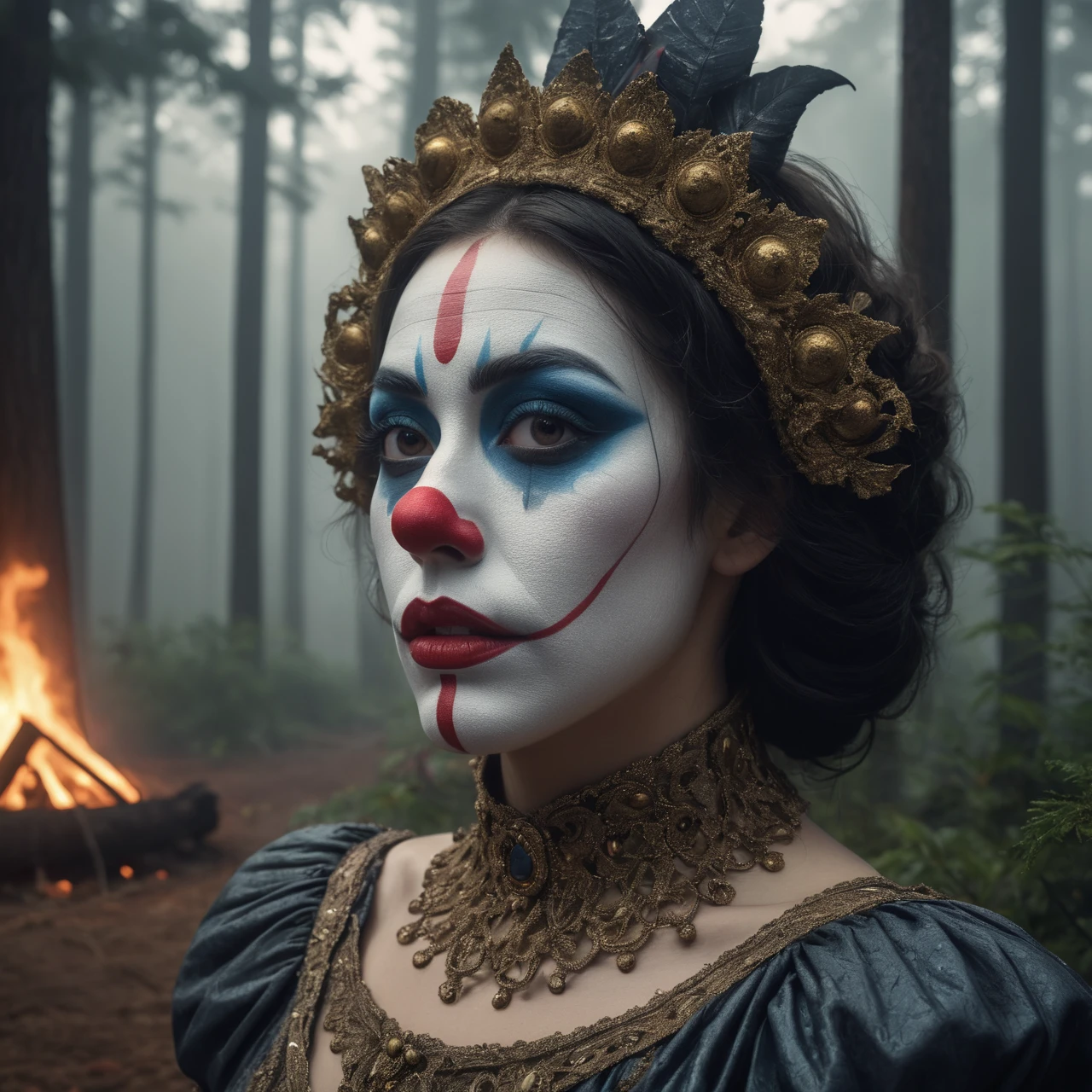 Commercial photography of a beautiful woman clown with mouth opened wide in a pine forest with a circus tent in the background and a camp fire (foggy:1.2), silhouetted in soft shadow, clowns hiding behind trees peaking their heads out to spy on us. (photograph:1.2) , uhd photorealisitc authentic psychotic angry madman wearing ornate clown costume and intricate voodoo makeup, shoulders, intricate details, vivid colors, frightening surroundings, correct details, in the style of amano, karol bak, akira toriyama, and greg rutkowski , perfect composition, beautiful detailed intricate insanely detailed octane render trending on artstation, 8 k artistic photography, photorealistic concept art, soft natural volumetric cinematic perfect light, chiaroscuro, award - winning photograph, masterpiece, oil on canvas, raphael, caravaggio, greg rutkowski, beeple, beksinski, giger, perfect composition, beautiful detailed intricate insanely detailed octane render trending on artstation, 8 k artistic photography, photorealistic concept art, soft natural volumetric cinematic perfect light, chiaroscuro, award - winning photograph, masterpiece, oil on canvas, raphael, caravaggio, greg rutkowski, beeple, beksinski, giger, (beautiful supermodel:1.1) resting her head on her hands detailed background bokeh