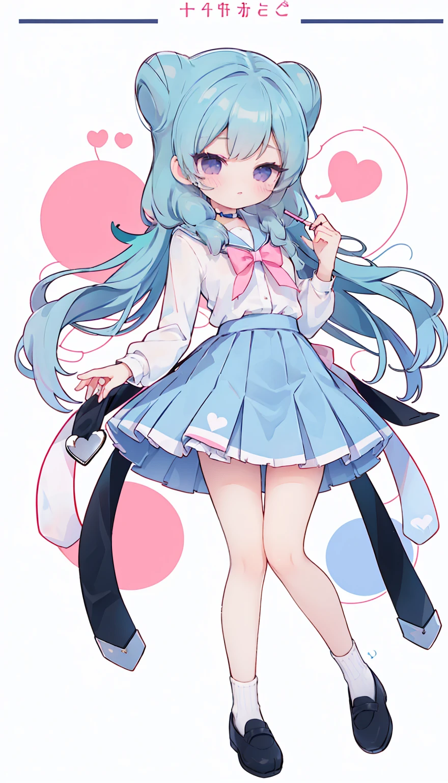 masterpiece, best quality, high resolution, aabeta, double, white simple background, standing, slim waist, cute, sailor uniform, pink bow tie, blue skirt, long socks, (PastelColors: 1.3), full body